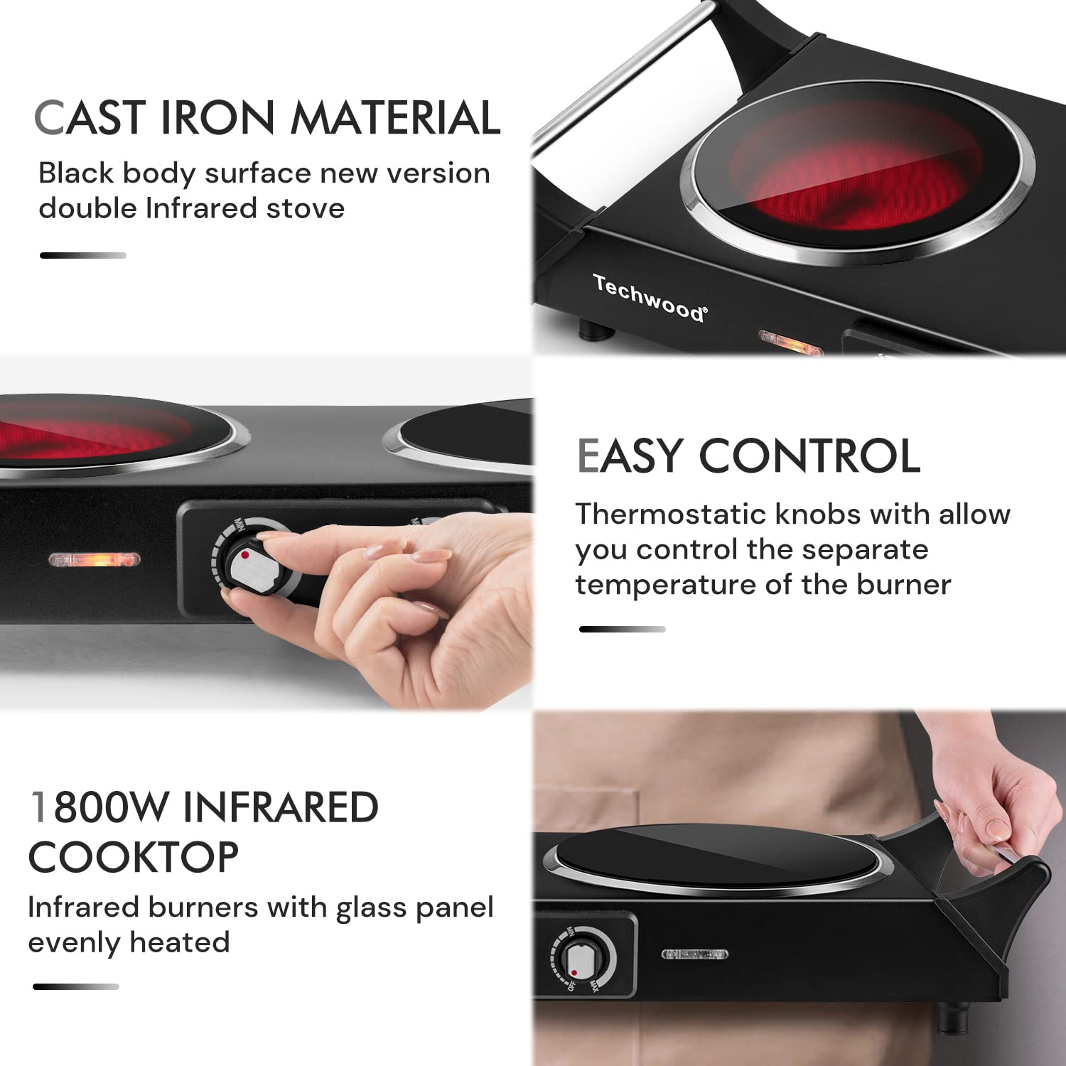 Hot Plate  Techwood 1800W Electric Stove  Countertop Double Burners for Cooking  Infrared Ceramic Dual Cooktops  Brushed Stainless Steel  Black