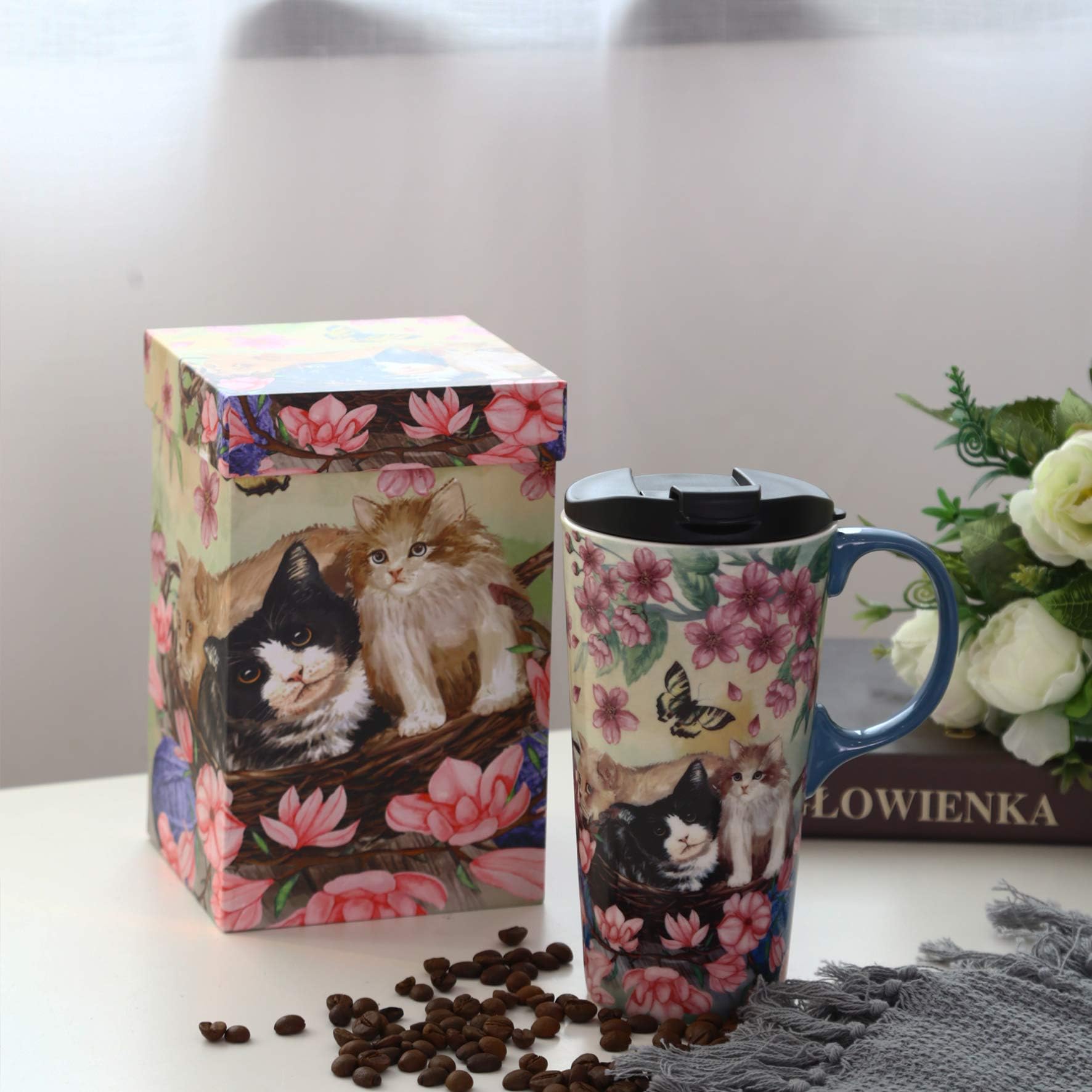 Tzssp Coffee Ceramic Mug Travel Mug Porcelain Latte Tea Cup With Lid 17Oz,Novelty Coffee Mugs For Office & Home Flower And Cat
