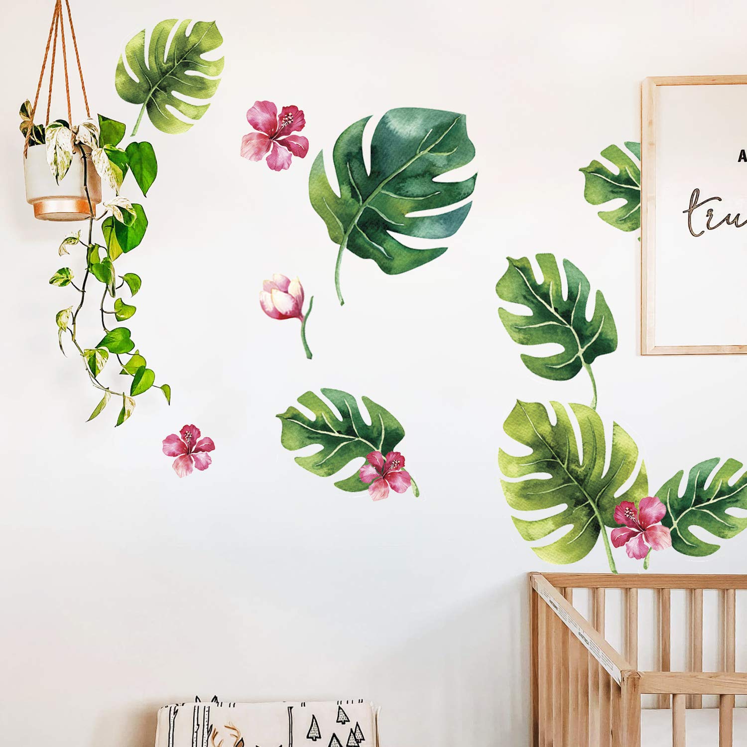 Tropical Flower Palm Leaf Wall Stickers - Tropical Leaves Decals - Foliage Monstera Wall Decal - Jungle Theo Leaf Decals - Banana Greenery Vinyl D?or Cling with Gift