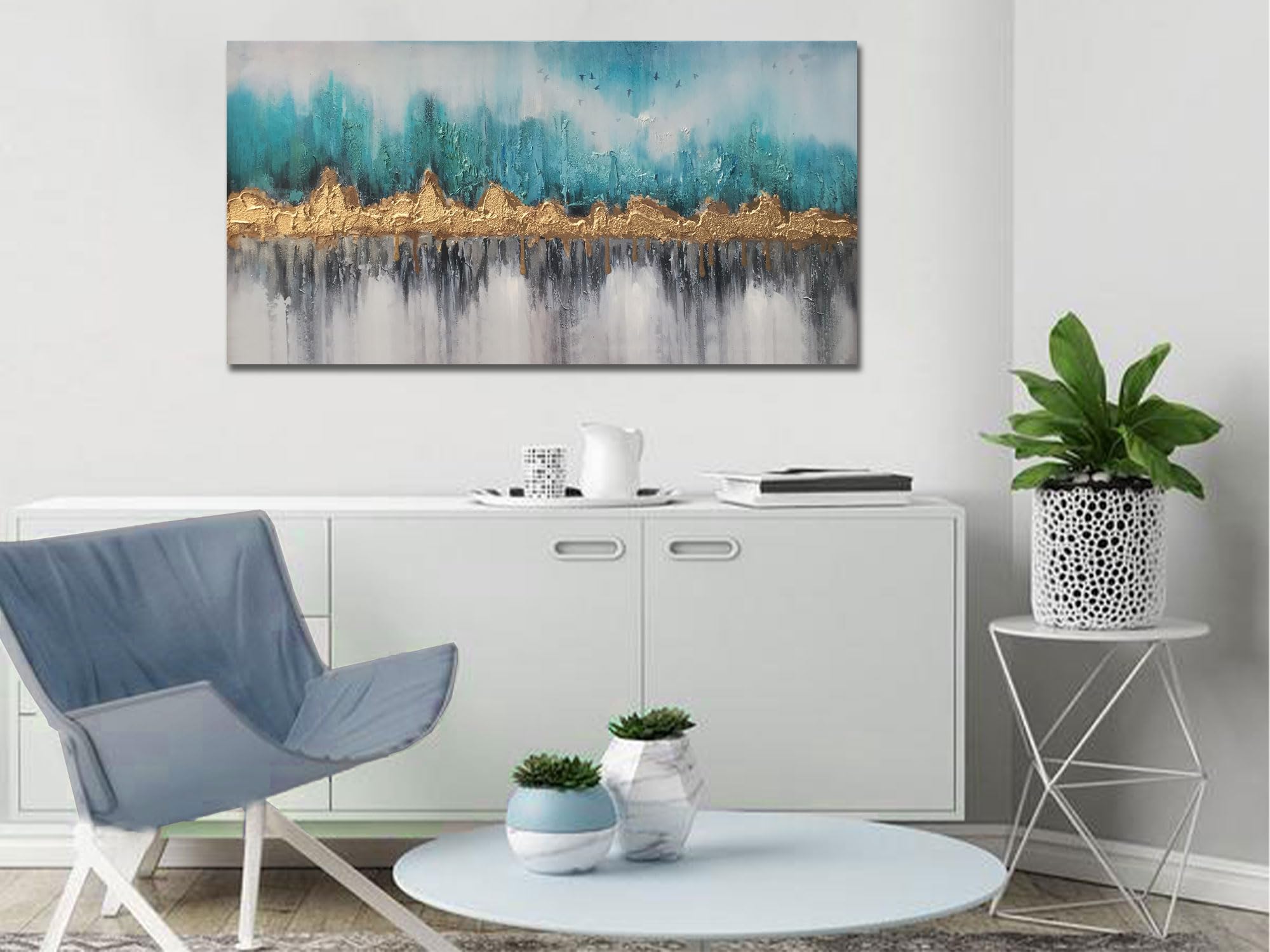 Ardemy Teal Mountain Abstract Canvas Wall Art Nature Gold Scenery Painting Modern Blue Landscape Turquoise Panoramic Picture Lar