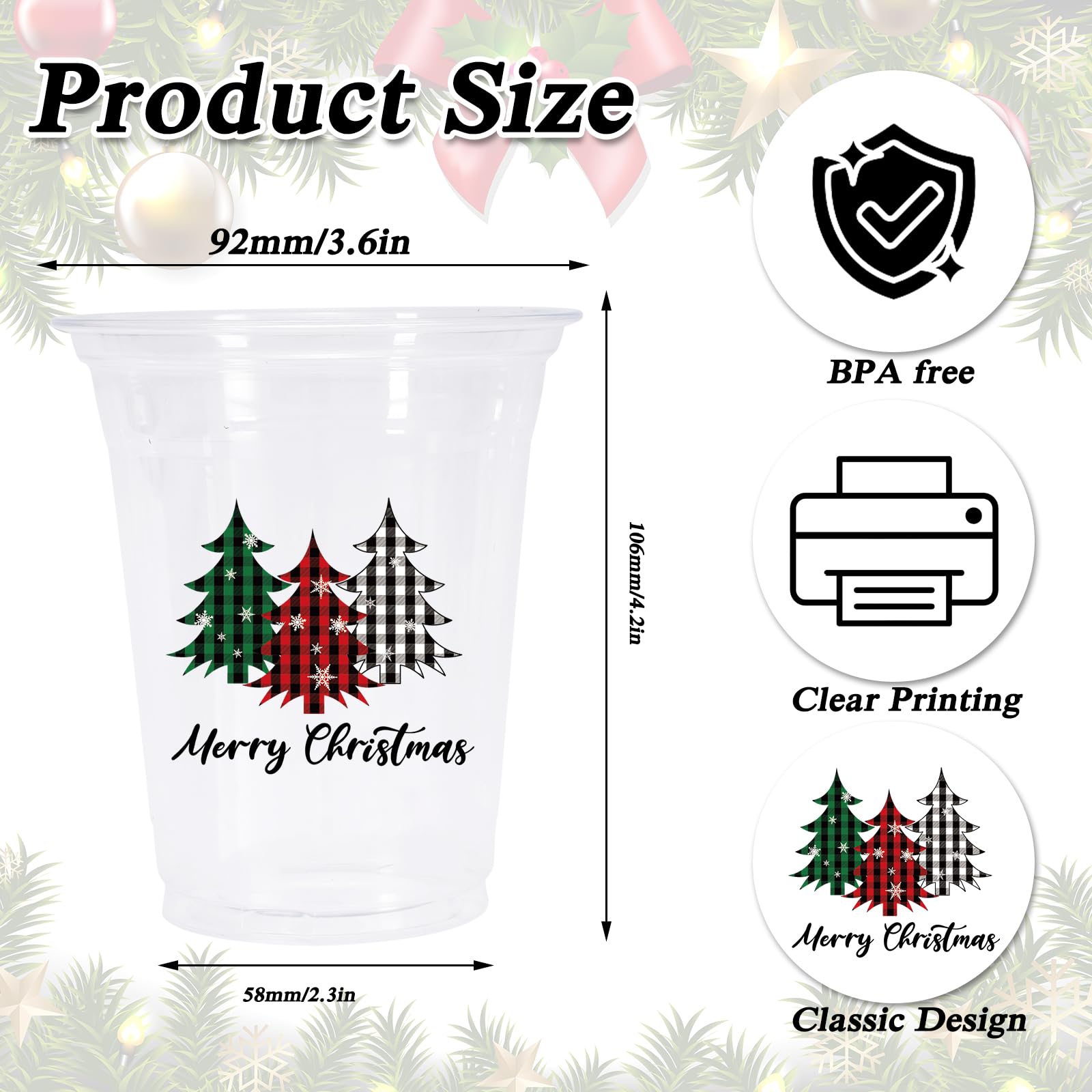 Whaline 50Pcs 12oz Christmas Disposable Cups Black Green Red Plaid Plastic Party Cups Christmas Tree Clear Plastic Glasses for X