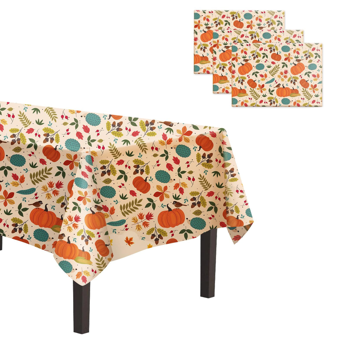 Cakka Thanksgiving Tablecloth Plastic 54X108 Inch, 3 Pack Disposable Fall Pumpkin Table Cover, Orange Marple Leaf Rectangle Autu