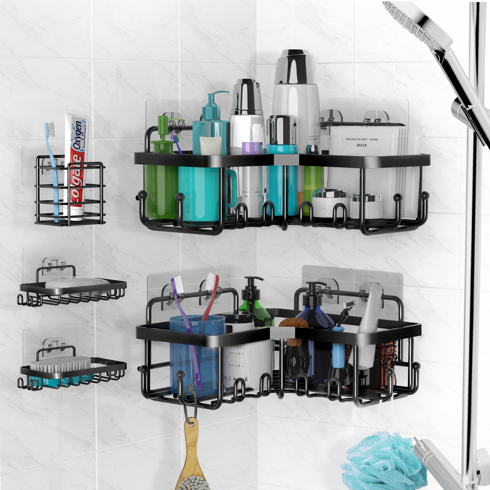 Plooht Corner Shower Caddy 5 Pack, Large Capacity Shower Organizer, Upgraded Stronger Adhesive Shower Shelf For Inside Shower, R