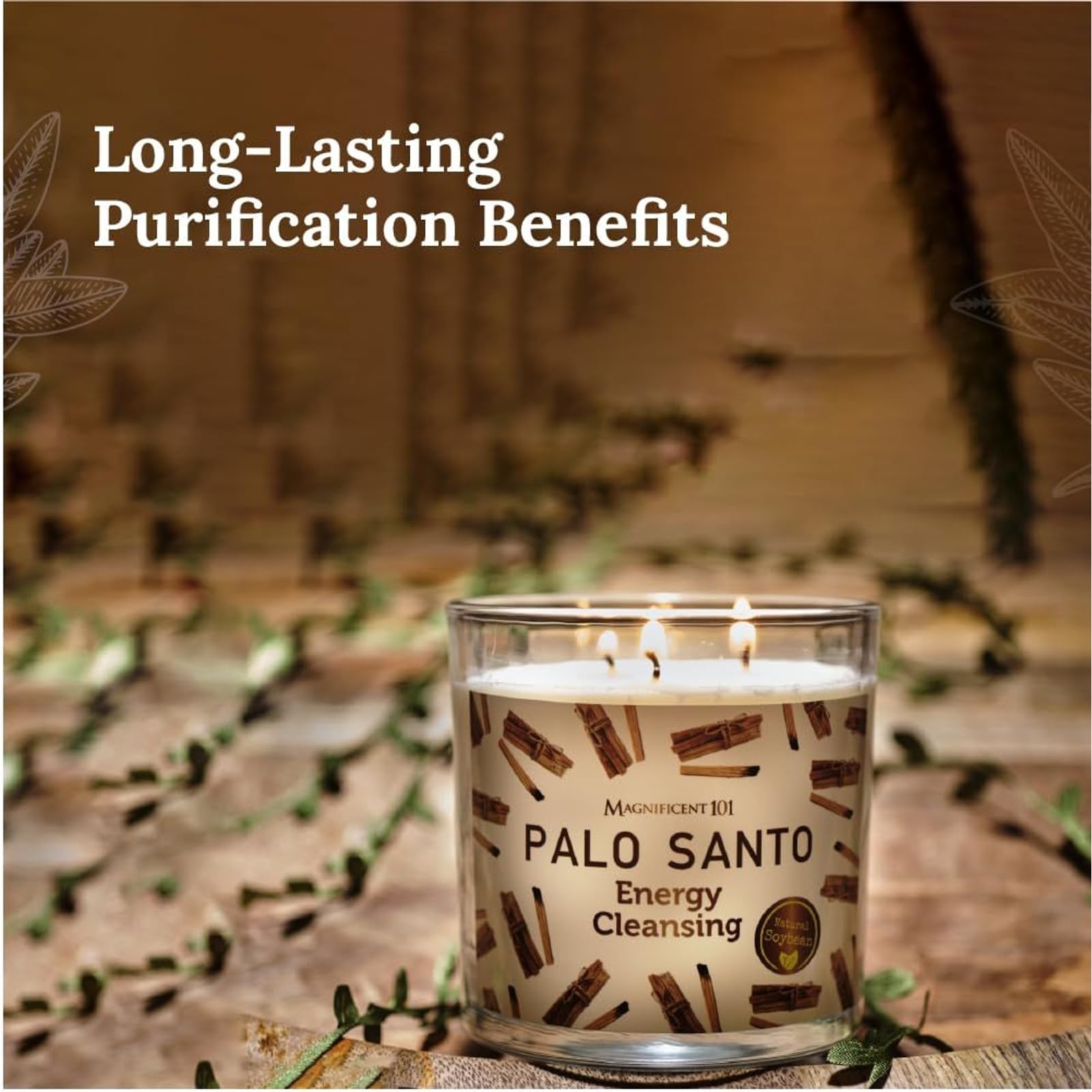 Magnificent 101 Long Lasting Palo Santo Scented Aromatherapy Candle | 14 Oz - 56 Hour Burn | All Natural Soy Wax Smudge Candle f