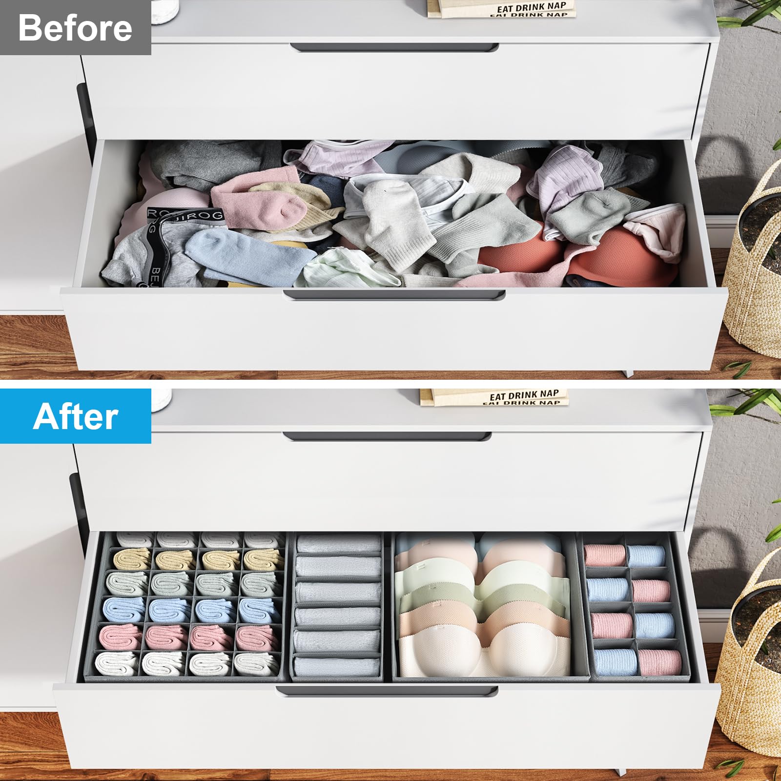 Easortm Sock Drawer Organizer Divider, Underwear Dresser Organizer, Large Bra Organizer for Drawer, Foldable Clothing Drawer Org