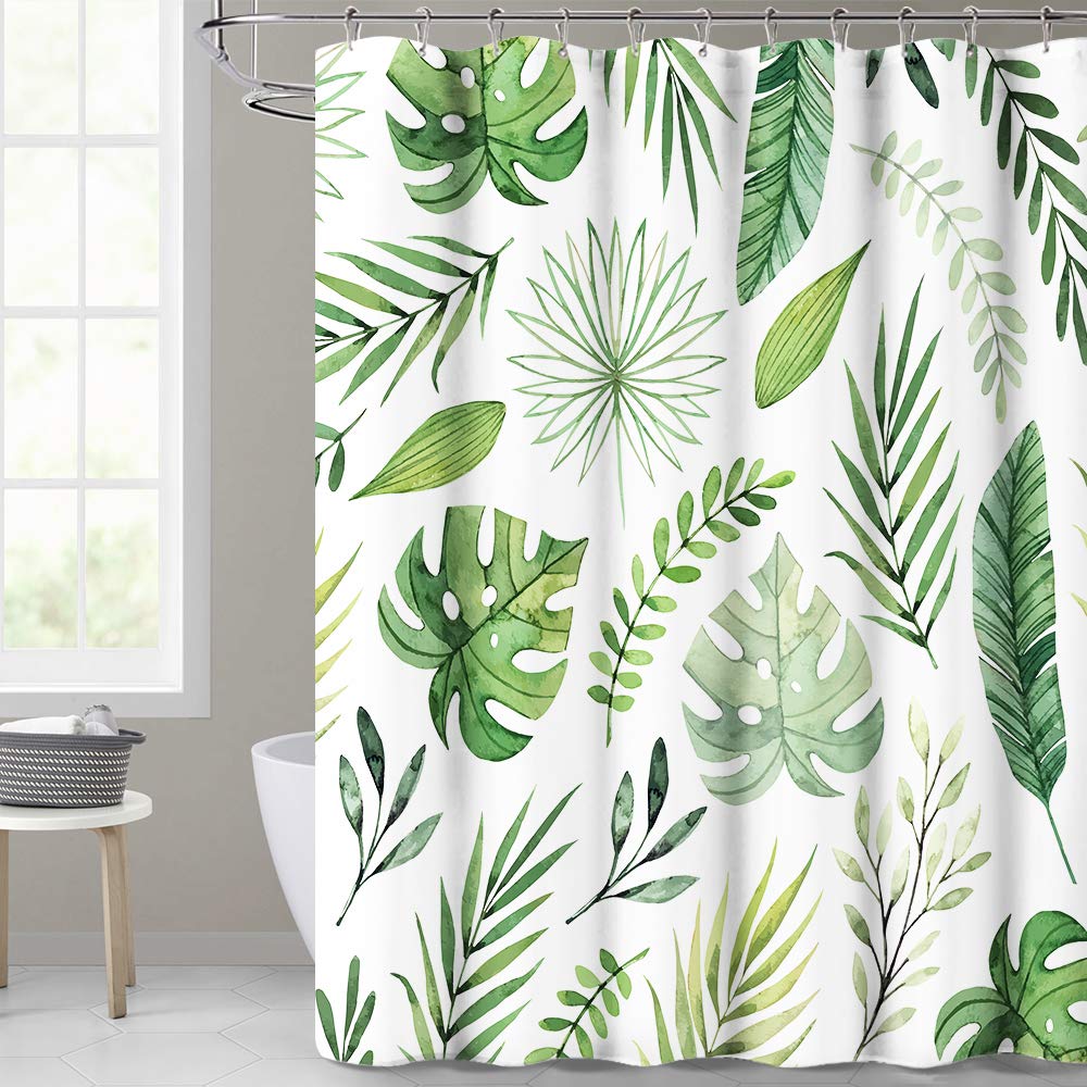 Kgorge Waterproof Shower Curtain For Bathroom, Tropical Palm Leaf Pattern On White Background, Botanical Curtain Accessory Decor