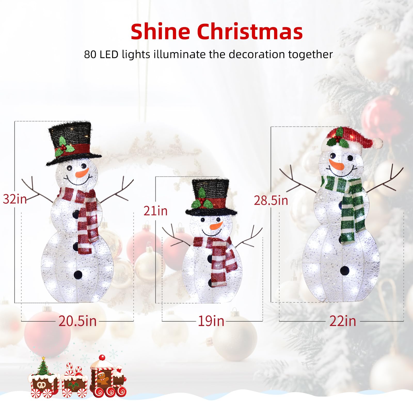Holilite 3-Piece Light-Up Christmas Snowman Family Set - Large Outdoor Decoration with 80 LED Warm White Lights, Metal, White