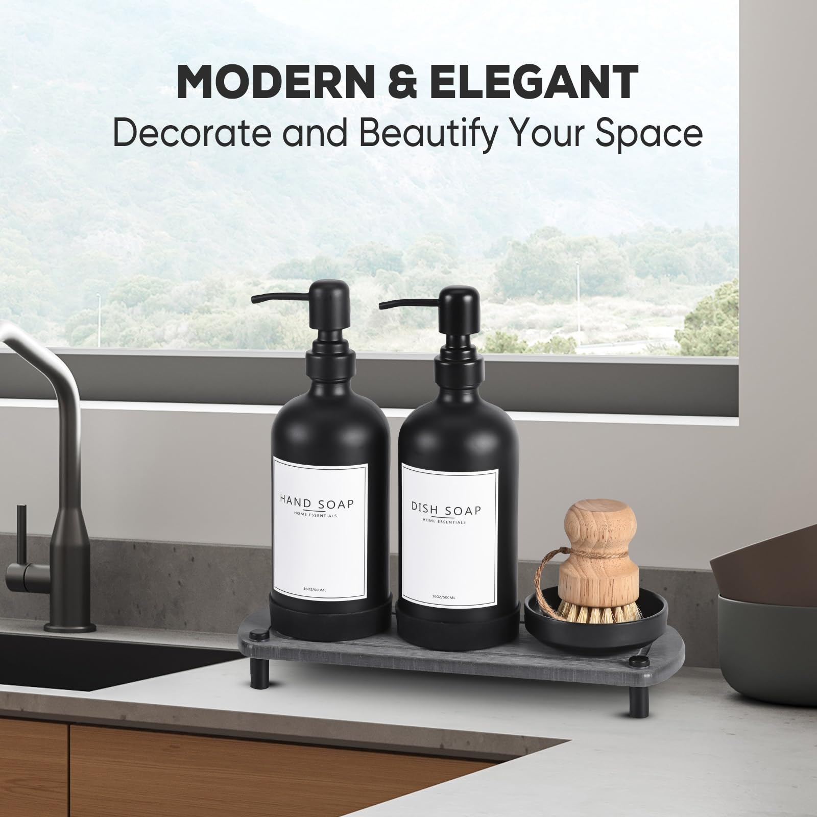 Neeczs Kitchen Soap Dispenser Set With Instant Dry Tray,16 Oz Hand And Dish Soap Black Glass Dispenser Set,Stainless Steel Pump,