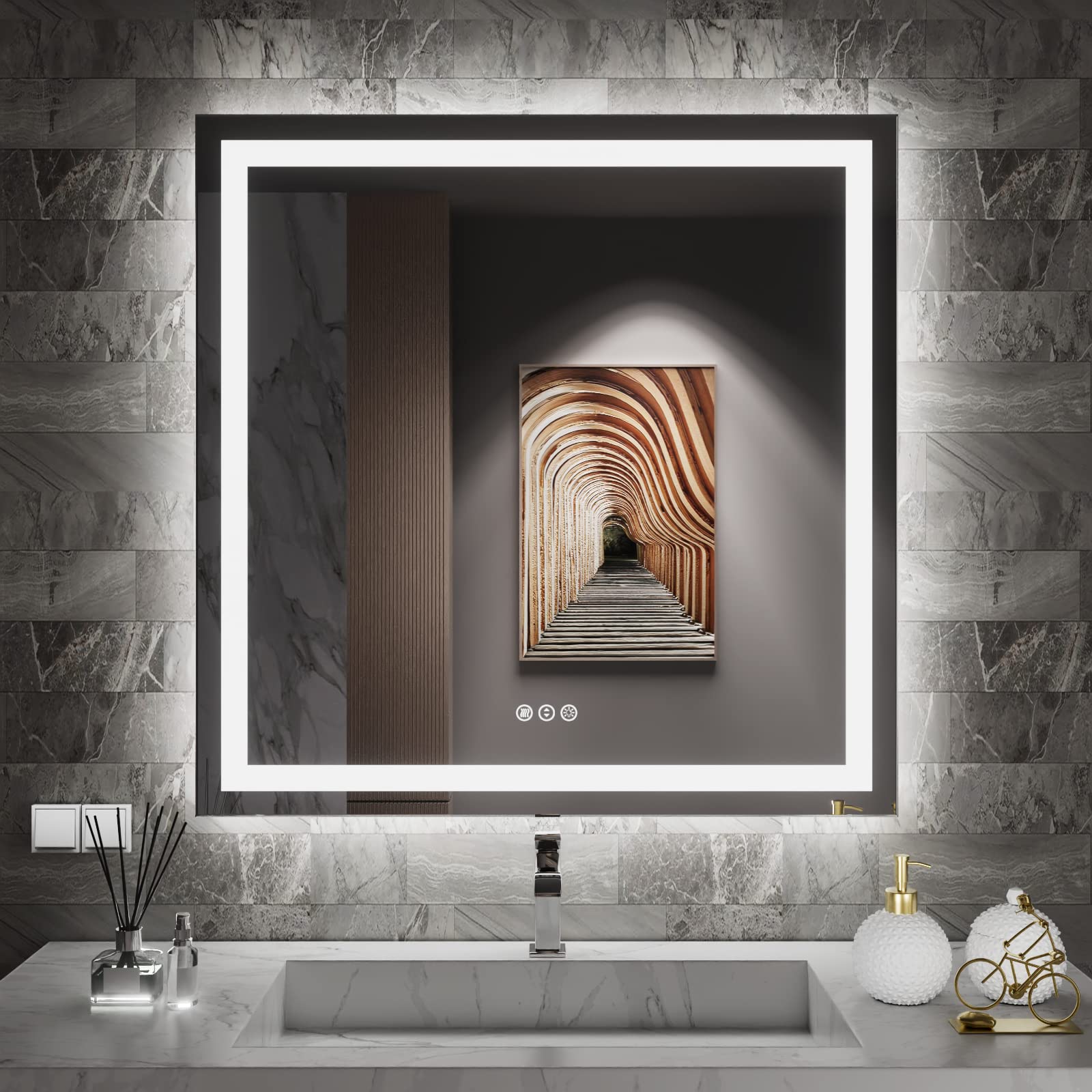 Amorho Led Bathroom Mirror 38''X 38'' With Front And Backlit, Stepless Dimmable Wall Mirrors With Anti-Fog, Shatter-Proof, Memor