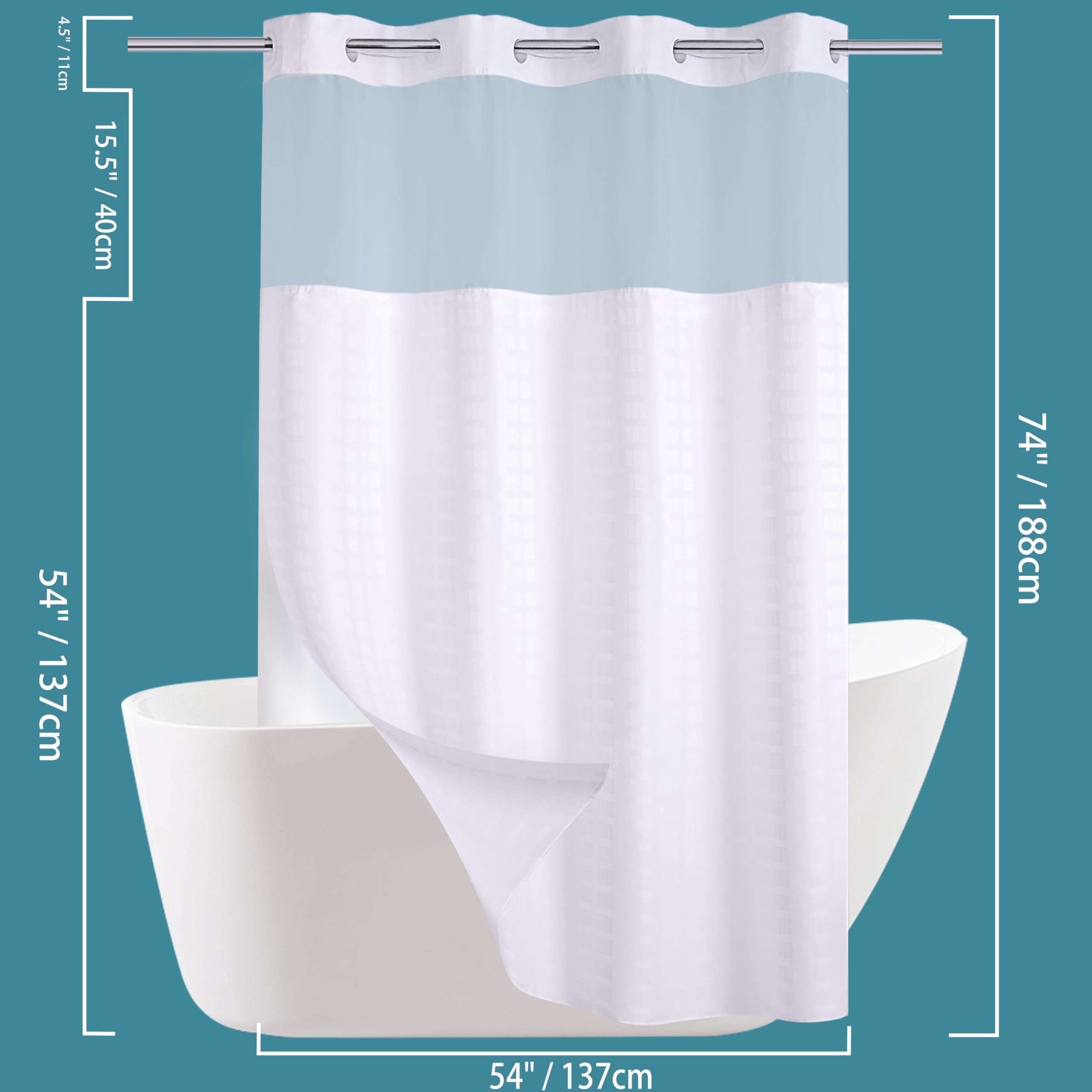 Conbo Mio Hotel Grade Fabric Shower Curtain Stall White Shower Curtain with Snap in Liner for Bathroom with See Through Top Window  Spa  Machine Washable (Check-White 54W x 74H)