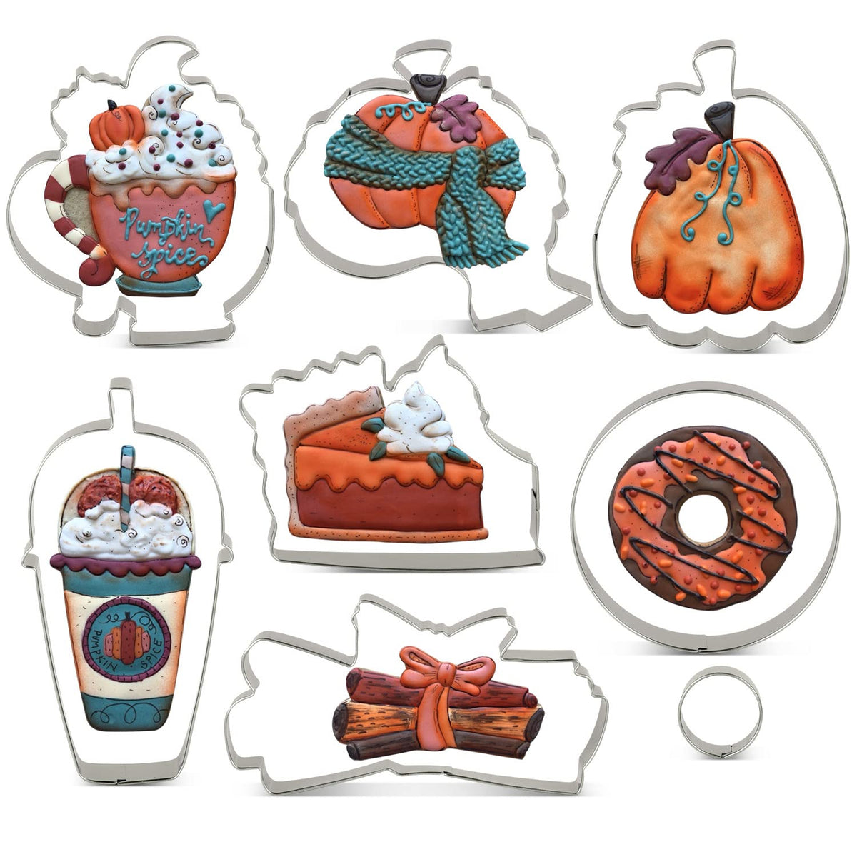 Liliao Fall Cookie Cutter Set, 8-Pc, Pumpkin, Latte Coffe Cup, Coffe Mug, Pie Slice, Donuts And Cinnamon, Stainless Steel