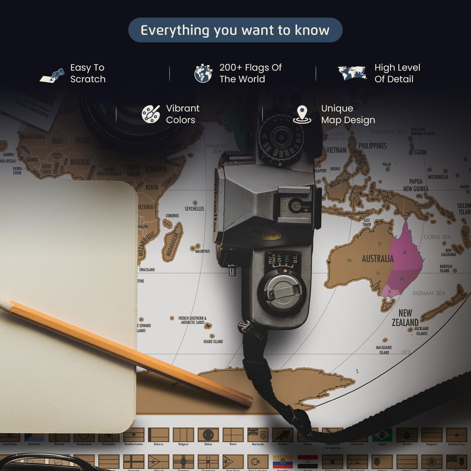 Landmass Scratch Off World Map, Poster With Flags, Deluxe Travel Tracker Print, Unique Wall Art For Home Or Office, Ideal Gift I