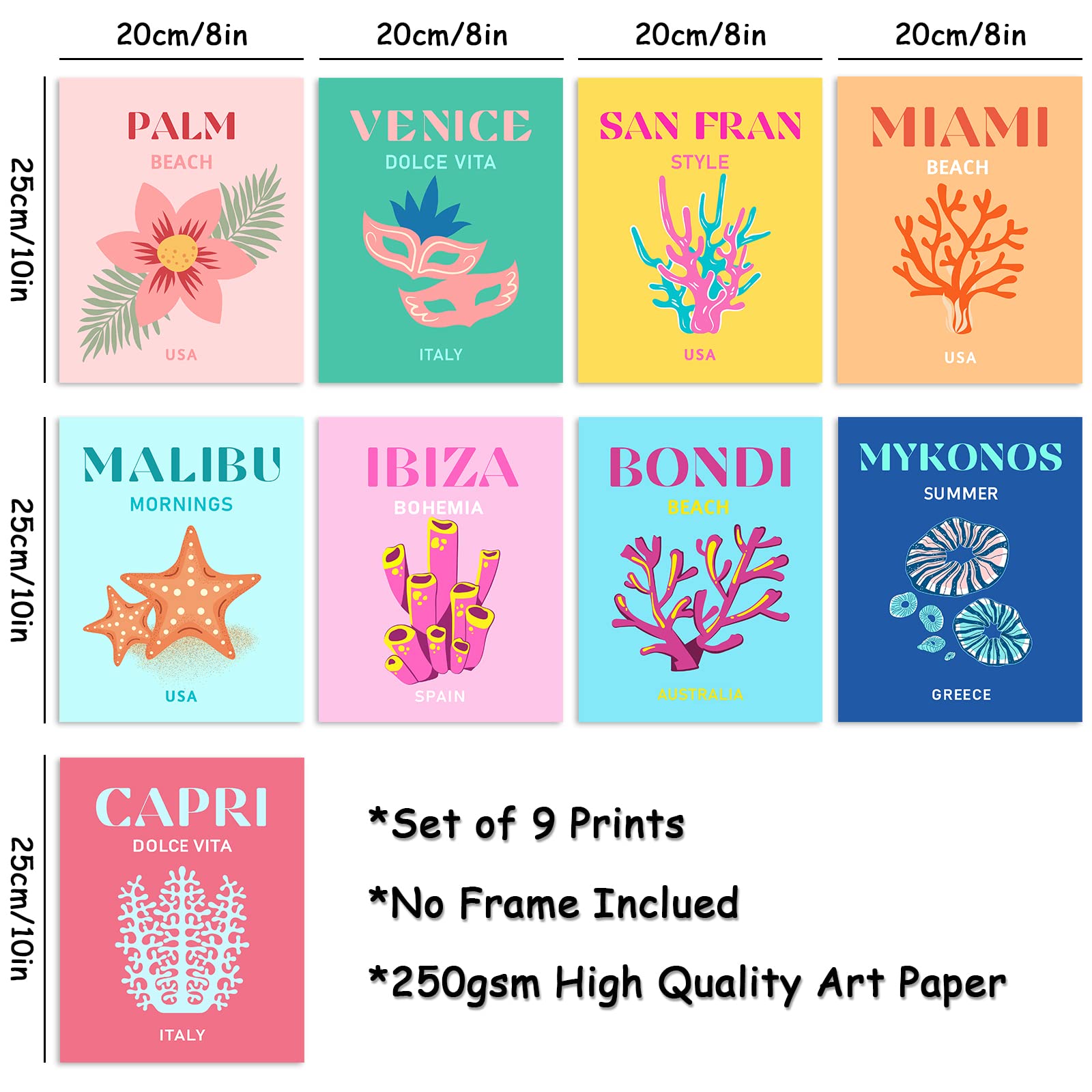 Whaline 9Pcs Preppy Travel Wall Art Prints Colorful Abstract Aesthetic Room Decor Minimalist Poster For Teen Girls Bedroom Pink