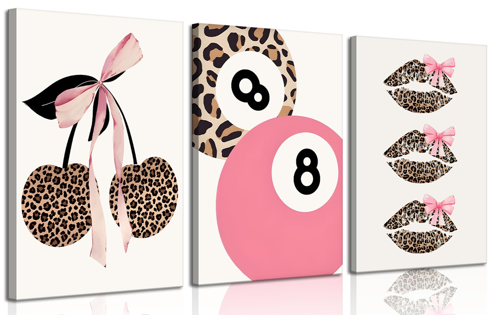Trendy Pink Leopard Bow Canvas Wall Art Set Of 3 Funky Cherry Lucky 8 Ball Posters Prints Cute Coquette Preppy Room Aesthetic Wa