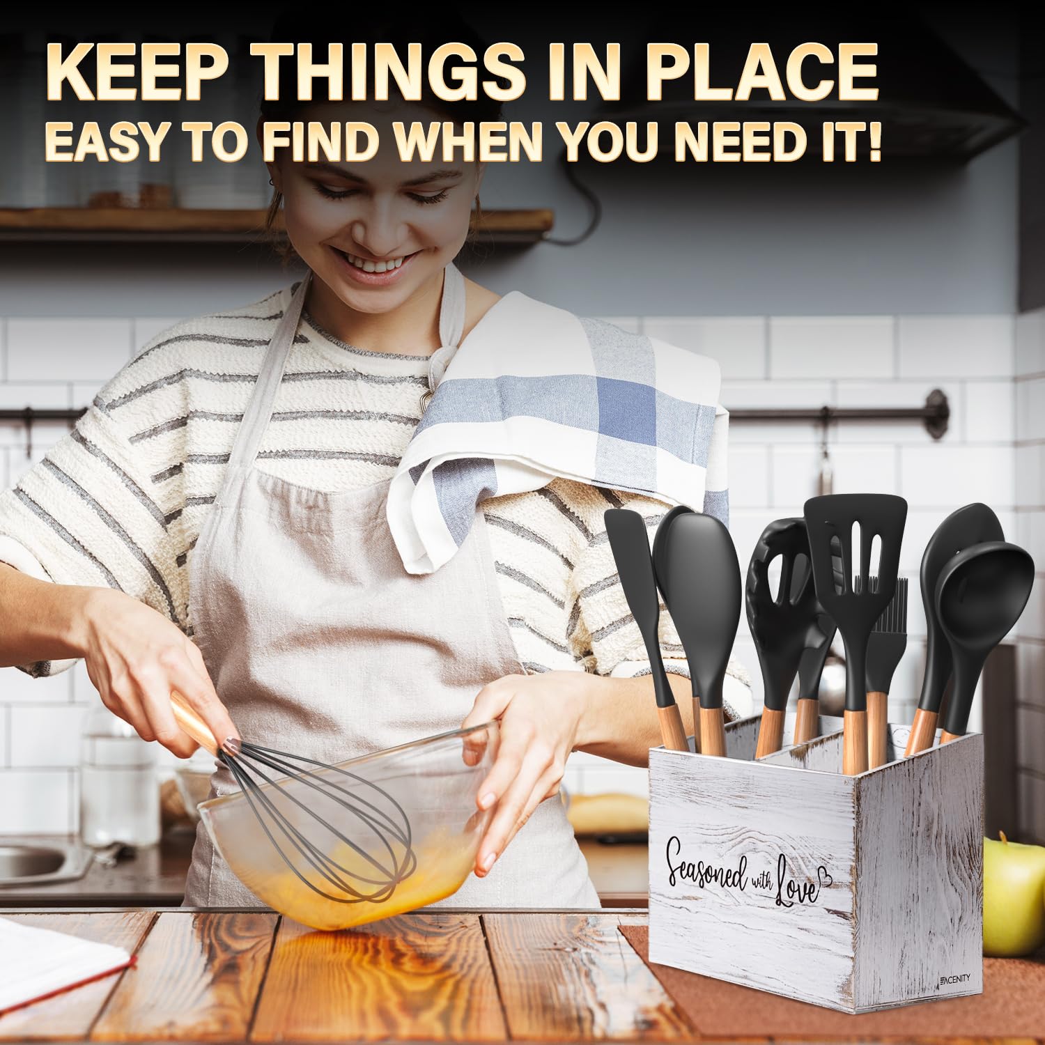 Acenity Cooking Utensil Holder, Cute Kitchen Counter Organizer, Utensil Caddy, Lovely Farmhouse Kitchen Decor (White)