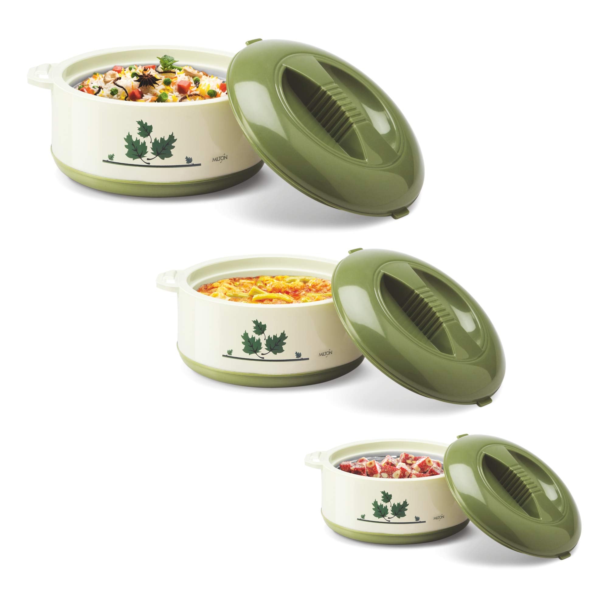 Milton Orchid Jr. Inner Steel Casserole (450 Ml, 790 Ml, 1260 Ml) Gift Set Of 3, Green | Pu Insulated | Bpa Free | Food Grade | 