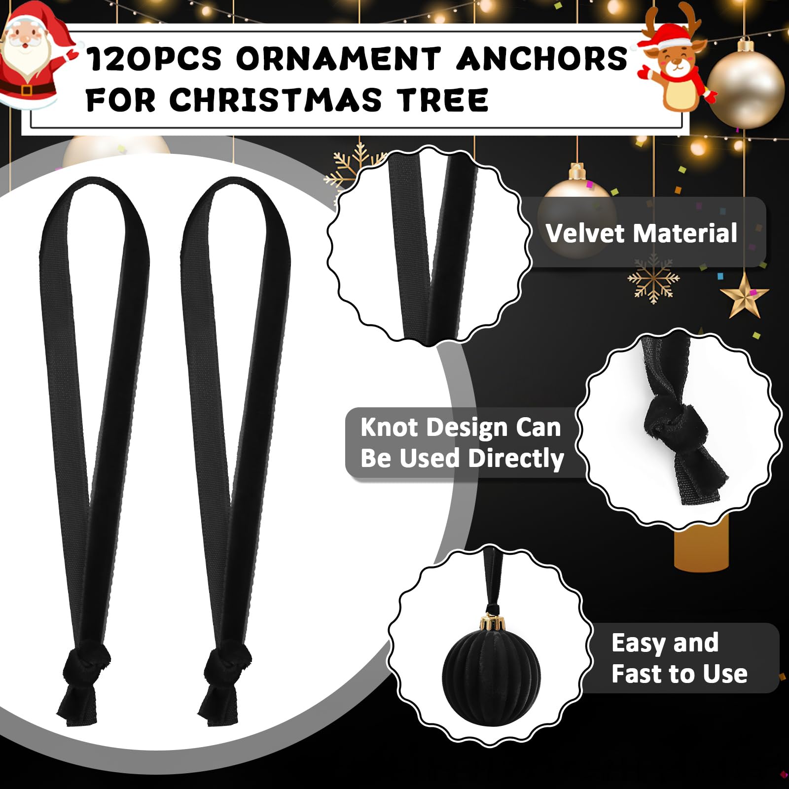 JUNEBRUSHS 120Pcs Velvet Christmas Ornament Ribbon Hangers, Hand Tied Christmas Ornament String Ribbon Loops for Ornament Hangin