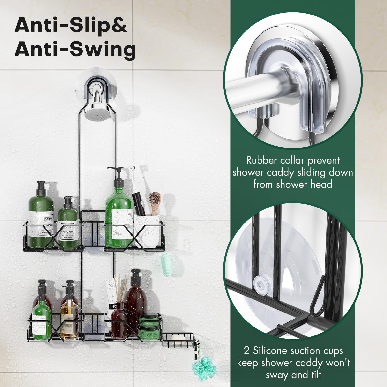 Sewulidon Hanging Shower Caddy - Adjustable Height, 2 Tiers, Iron, Black, Model SEWU0001NYL - Perfect Organizer for Handheld Shower Heads