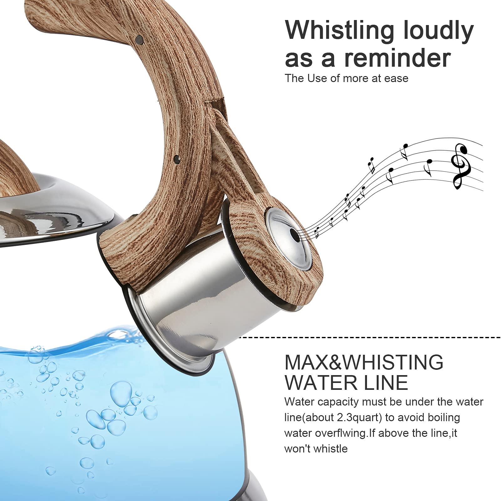 LUXGRACE Stainless Steel Whistling Tea Kettle, 2.3 Qt, Ergonomic Wood Handle, Satin Finish, Model 11268