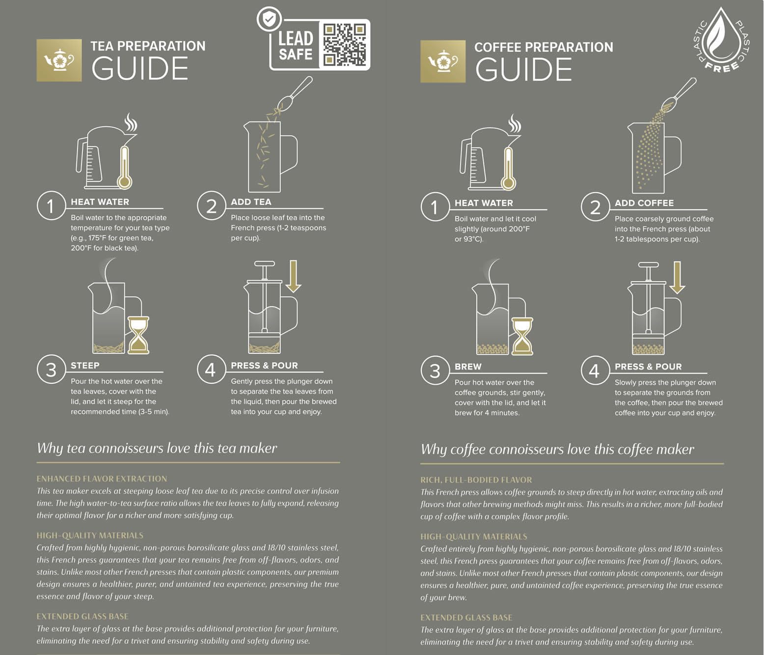 Teabloom Toulouse Plastic-Free Heatproof Borosilicate Glass French Press For Tea And Coffee, 24-Ounce (700 Ml) - Dusk Grey