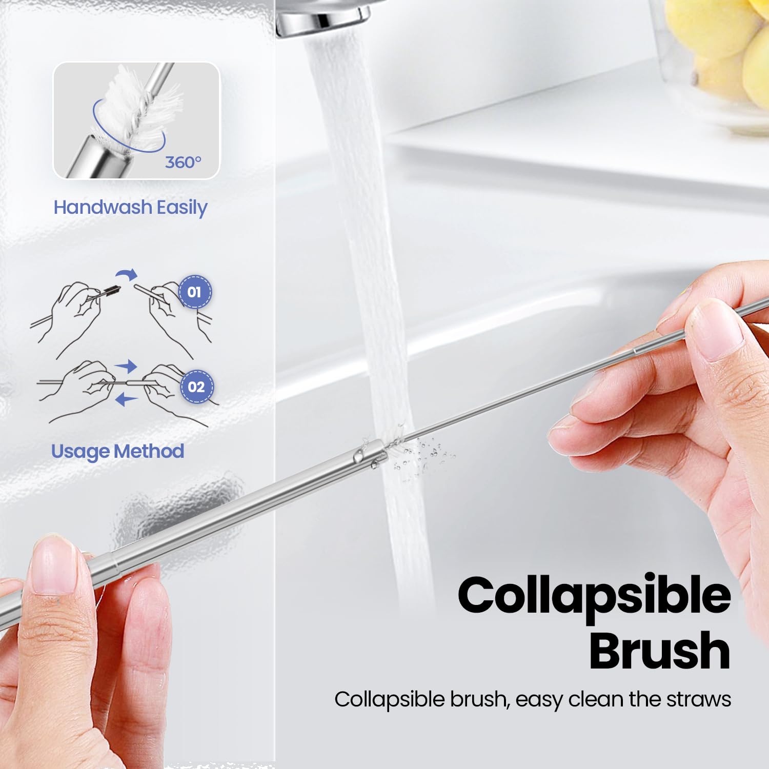 4-Pack Collapsible Stainless Steel Drinking Straws With Aluminum Case, Cleaning Brush, And Keychains - Silver, Blue, Red, Green