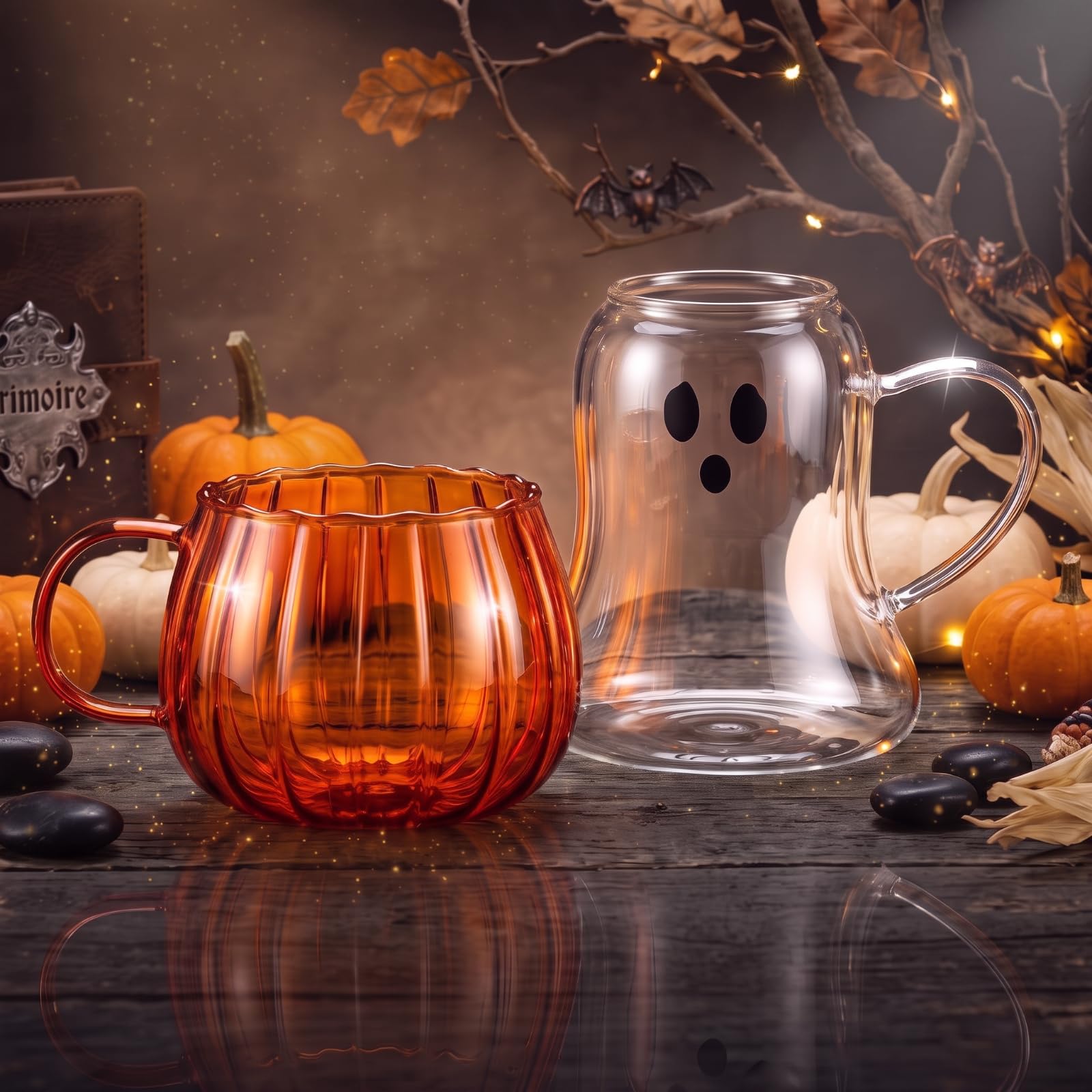 Didaey 2 Pcs 20 oz Halloween Pumpkin Ghost Cup Large Clear Glass Coffee Mug