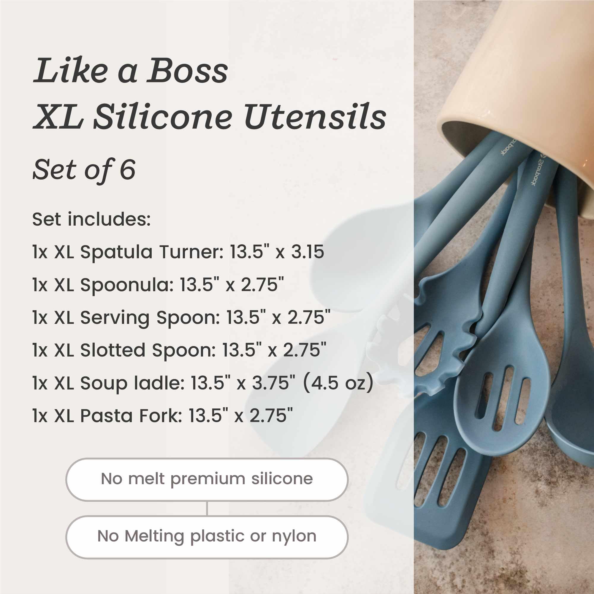 Starpack 'Like A Boss' Xl Premium Silicone Cooking Utensils Set (6 Pcs) - Heat Resistant Kitchen Utensils 600F - Non-Stick Silic