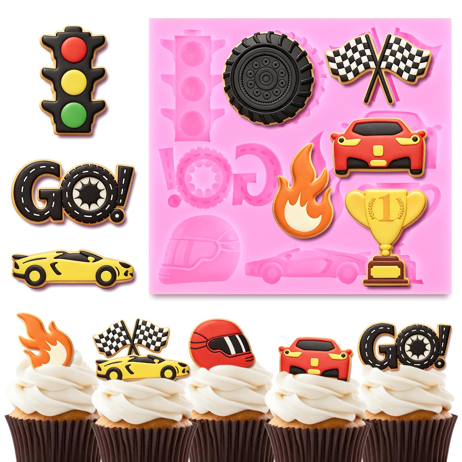 JarThenaAMCS Race Car Fondant Mold 3D Checkered Flag Helmet Tire Trophy Traffic Light Silicone Baking Mould for Birthday Chocola