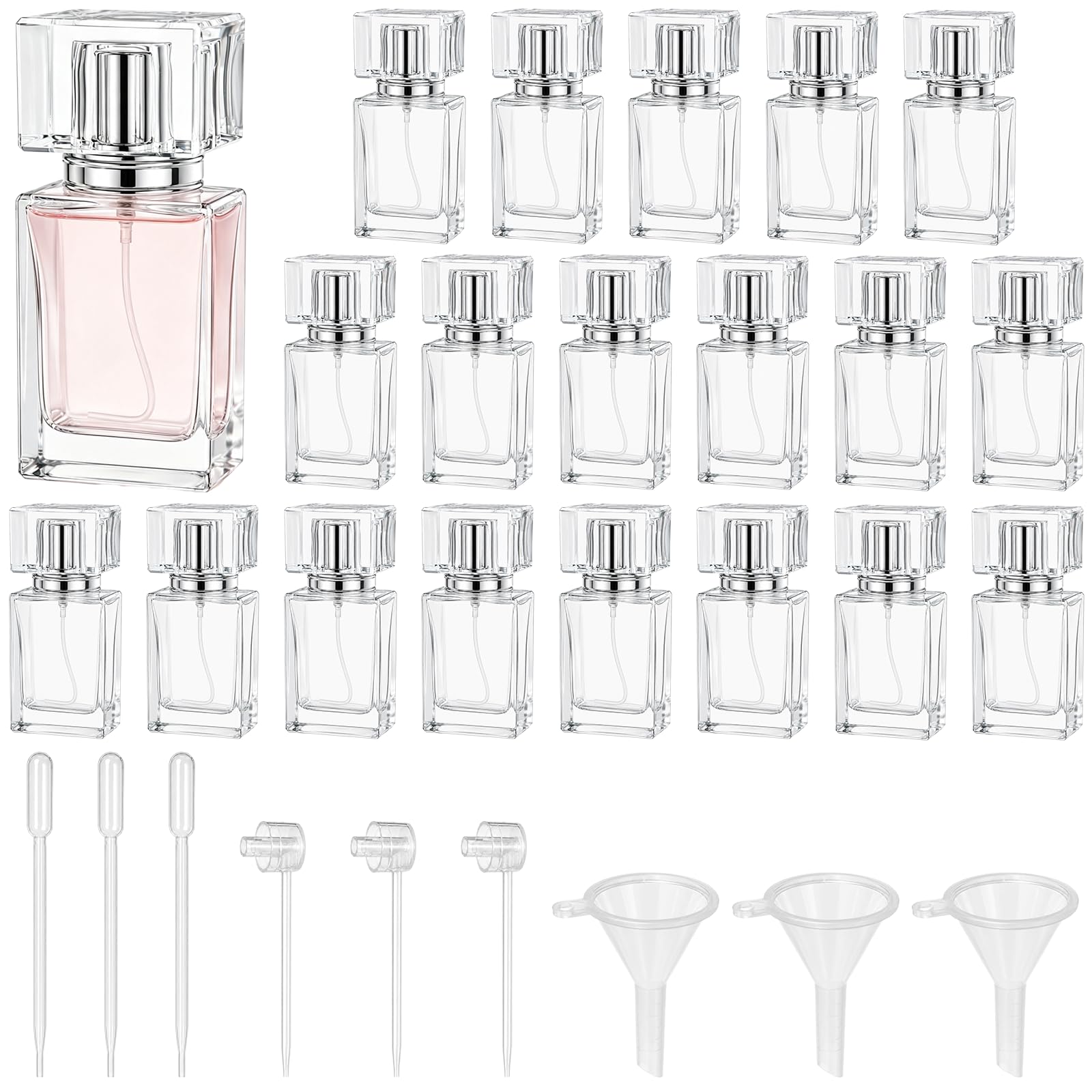 20 Pcs Refillable Travel Perfume Bottles, 30ml / 1 oz Clear Square Glass Atomizer Spray Set with Fine Mist Nozzle, Funnel, Dropp