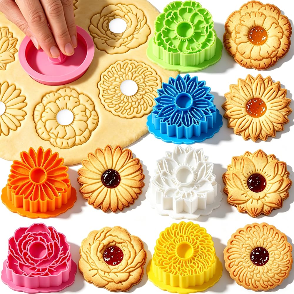 6Pcs Flower Sandwich Cookie Cutters with Stamp 3D Round Scalloped Cookie Cutter Set Rose Sunflower Peony Daisy Lotus Filled Flor