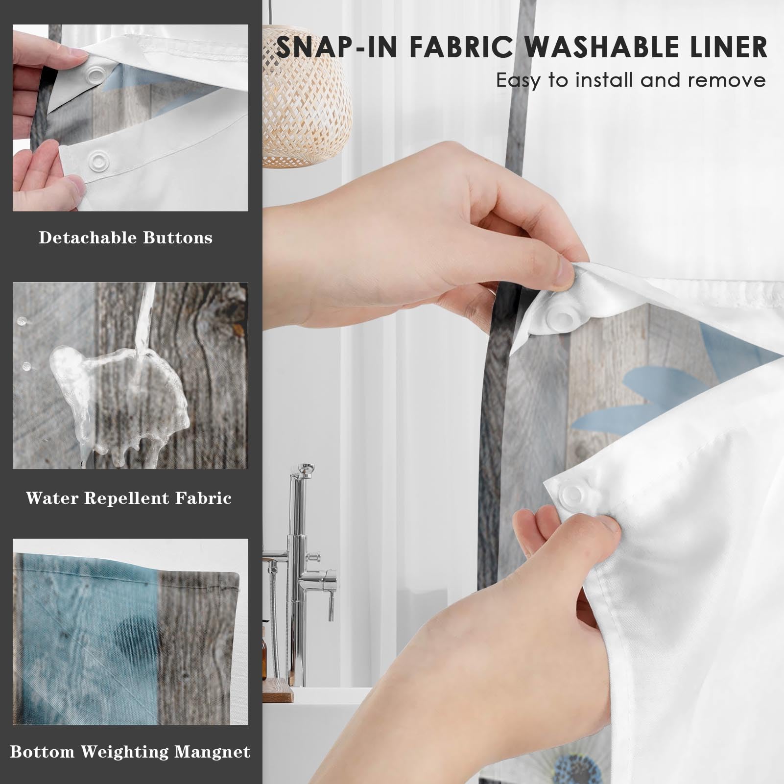 Nesphy No Hook Rustic Farmhouse Shower Curtain With Snap In Fabric Liner Set, Blue Daisy Flowers And Butterfly On Wooden Double