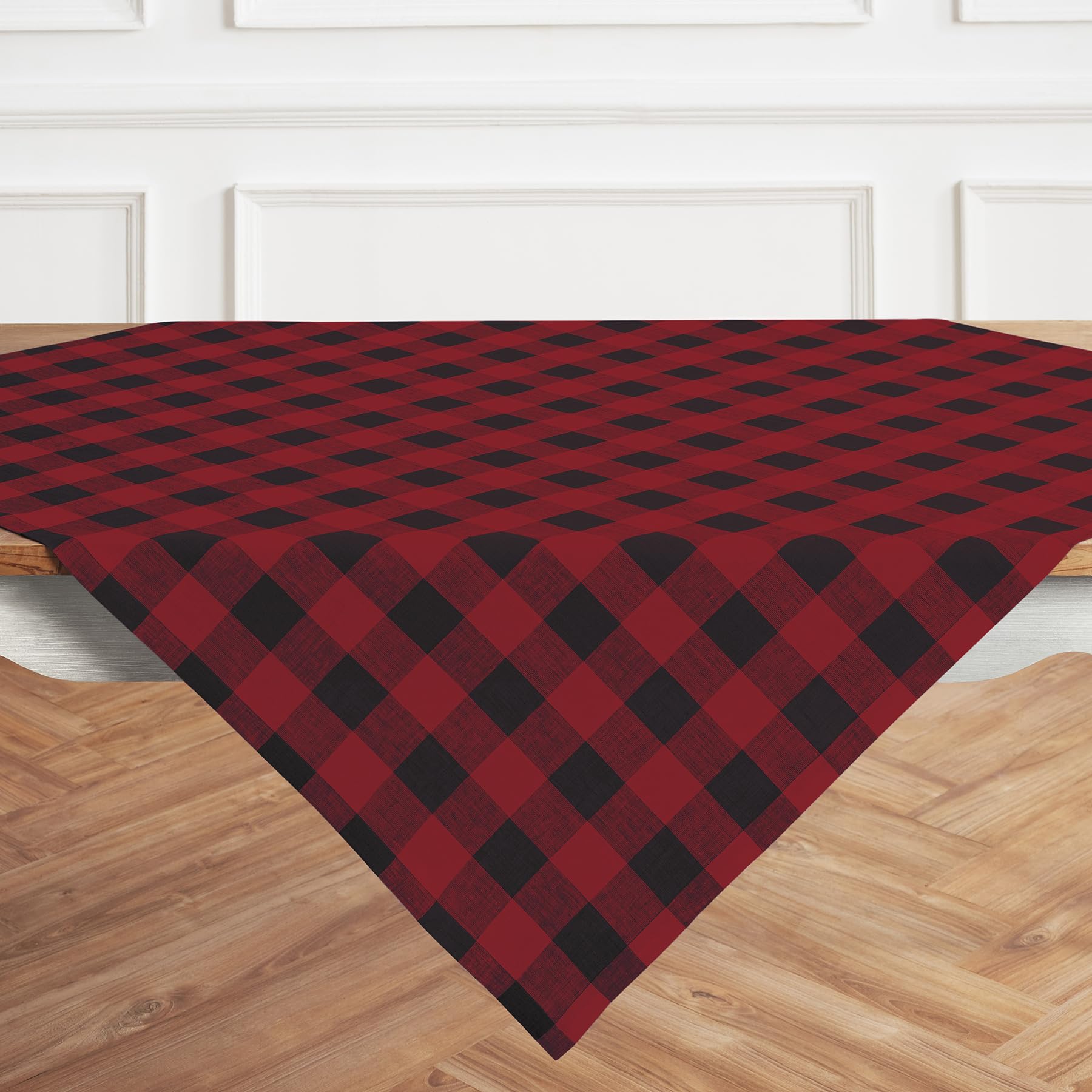 Solino Home Buffalo Check Linen Square Tablecloth 52 X 52 Inch - 100% Pure Linen Red And Black Plaid Table Throw - Machine Washa