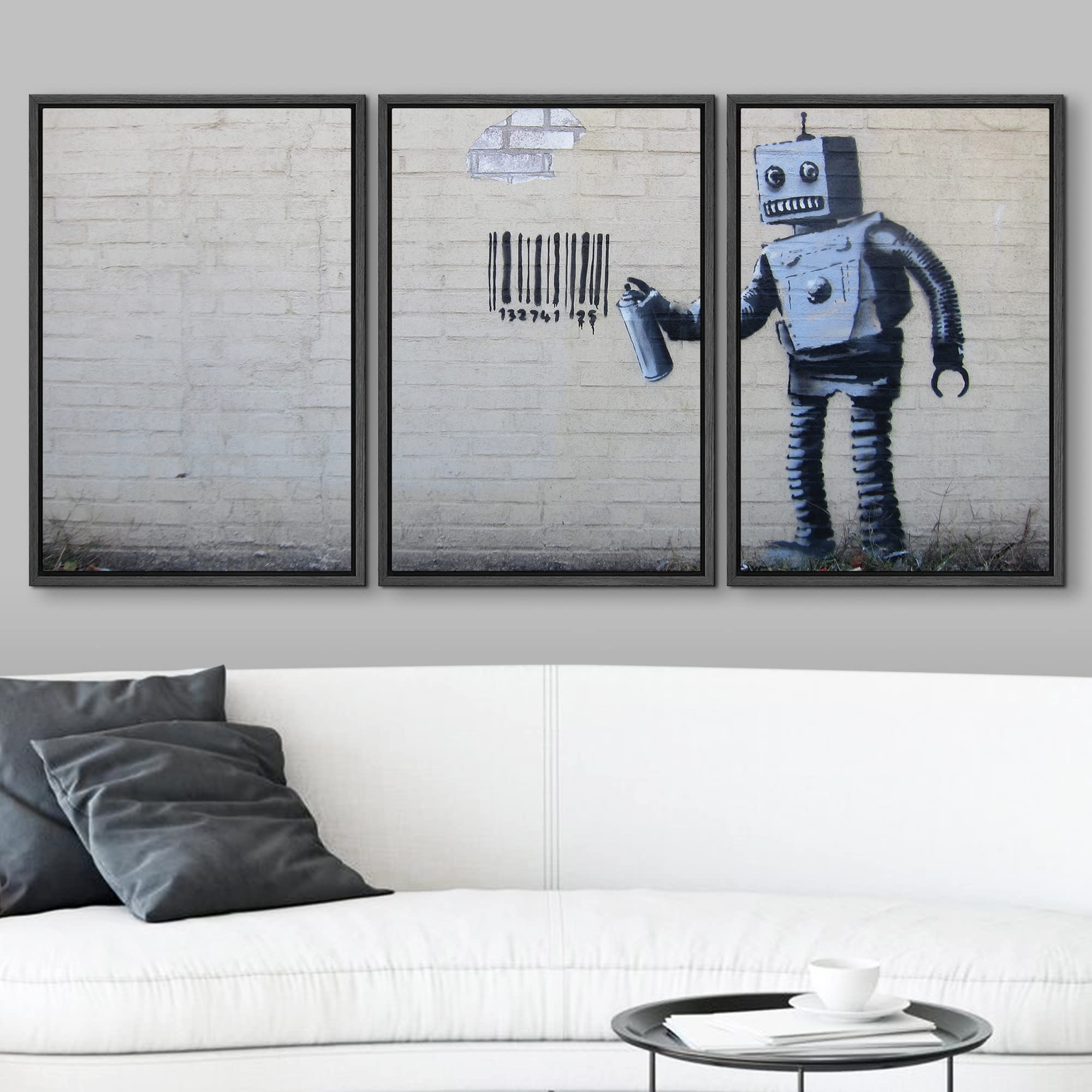 Wall26 - Robot Graffiti Banksy Street - Framed Canvas Art Wall Art - 24''X36''X3 Black