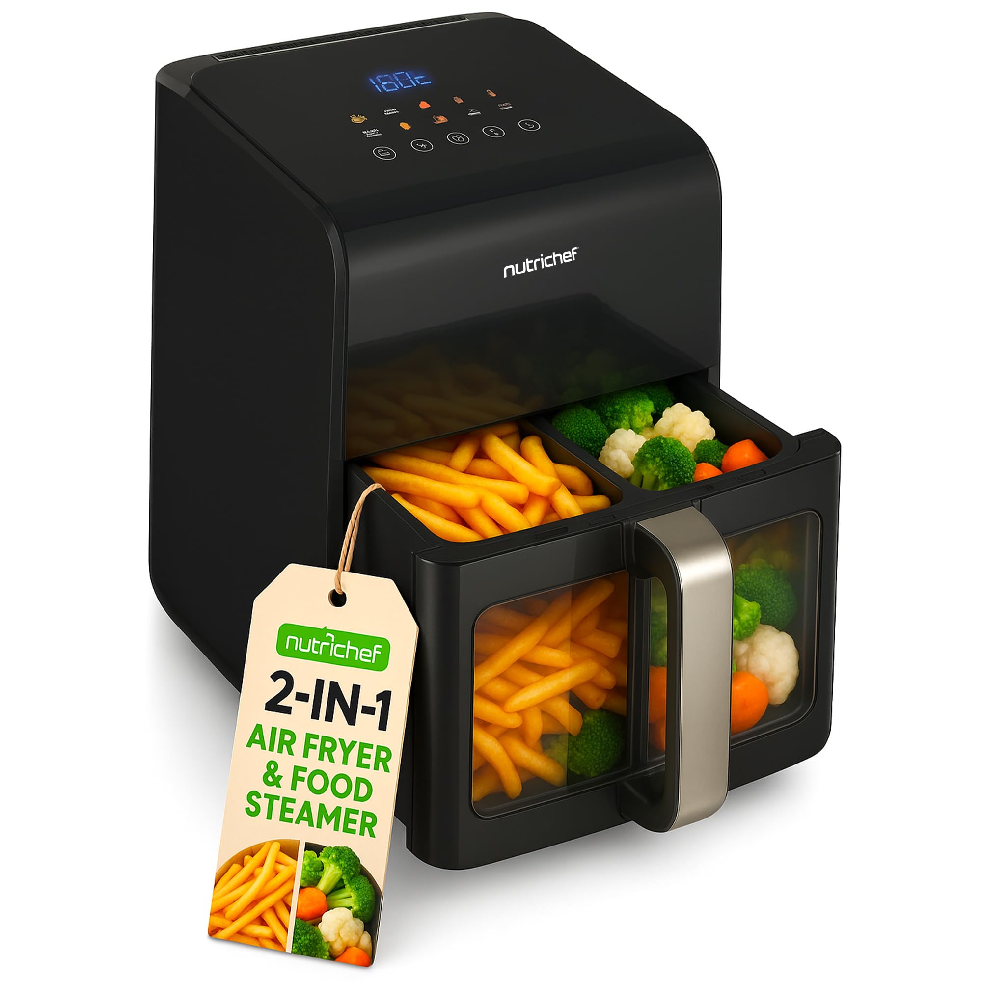 NutriChef 6 Liter Electric Air Fryer & Food Steamer Function | 12-1 Preset Cooking Functions, Fries, Chicken, & More | Transpare