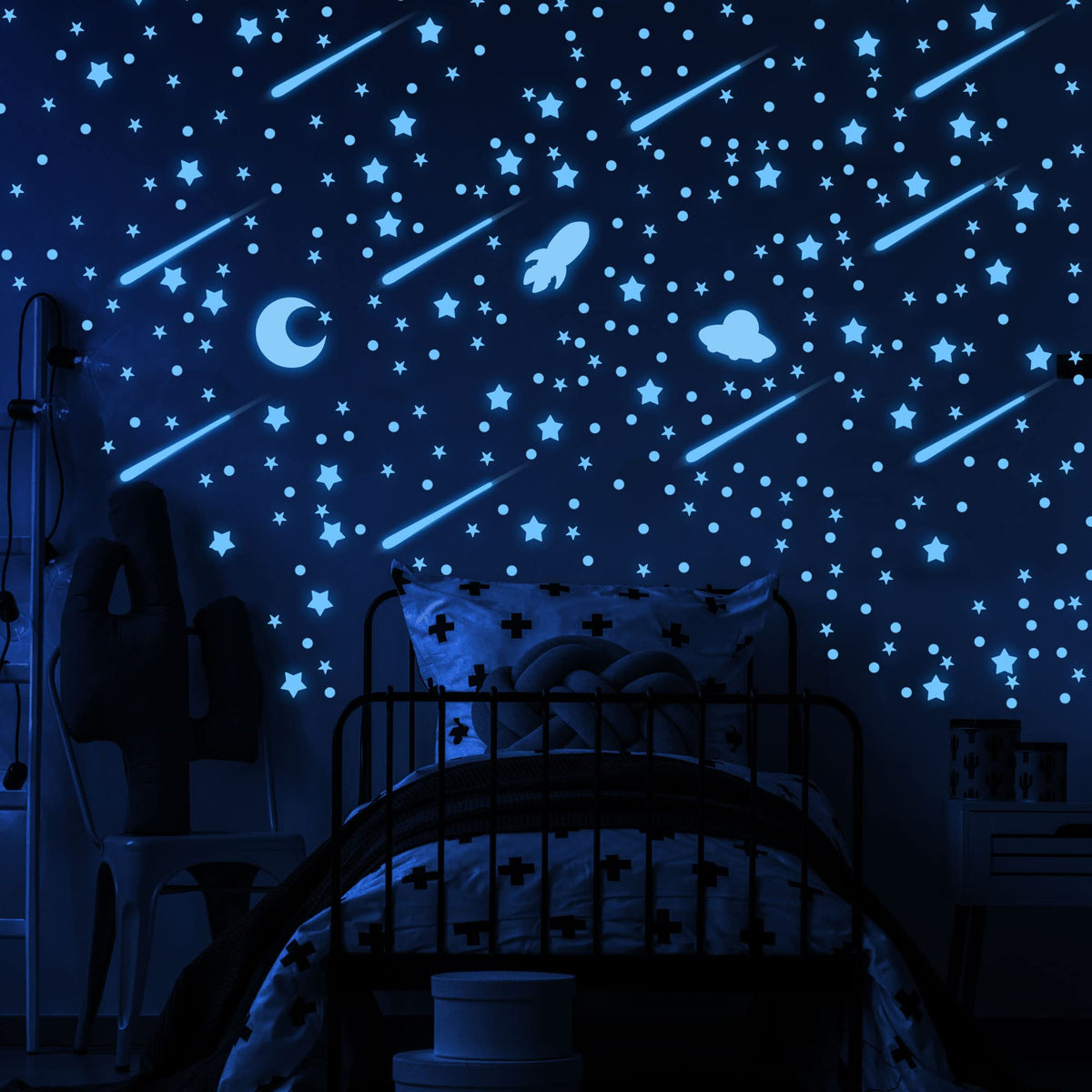 Glow In The Dark Stars For Ceiling, Outer Space Blue Wall Stickers,Galaxy Universe Wall Decal Shooting Stars Rockets,508 Pcs For