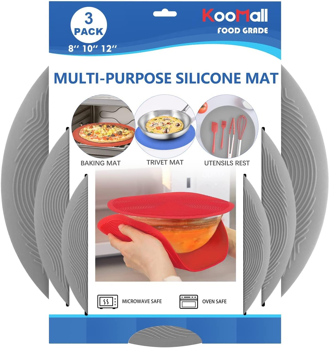 Koomall 12 10 8 Inch Multi-Use Microwave Mat, Trivet, Pot Holders, Drying, Baking, Place Mat, Utensils Rest, Silicone Cover Pad
