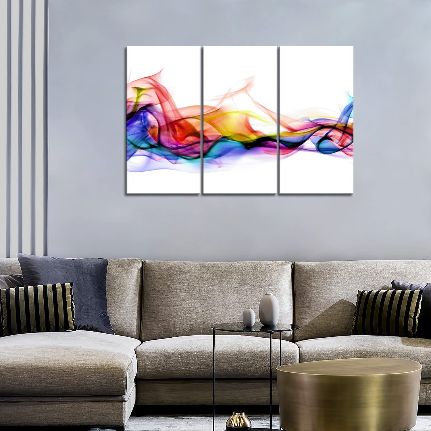 3 Panel Wall Art Fresh Look Color Abstract Smoke Colorful White Background Painting Pictures Print On Canvas Abstract The Picture for Home Modern Decoration (Stretched by Wooden Frame Ready to Hang)