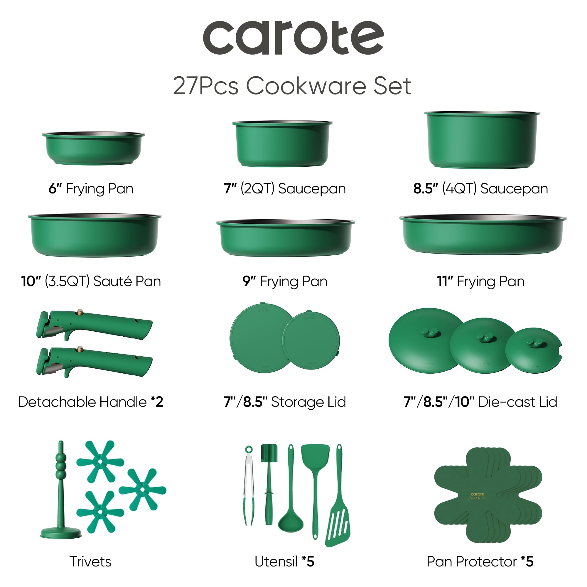 CAROTE 27pcs Pots and Pans Set Non Stick, Gift Set Nonstick Cookware Die-cast Aluminum Detachable Handle, Dishwasher/Oven Safe,