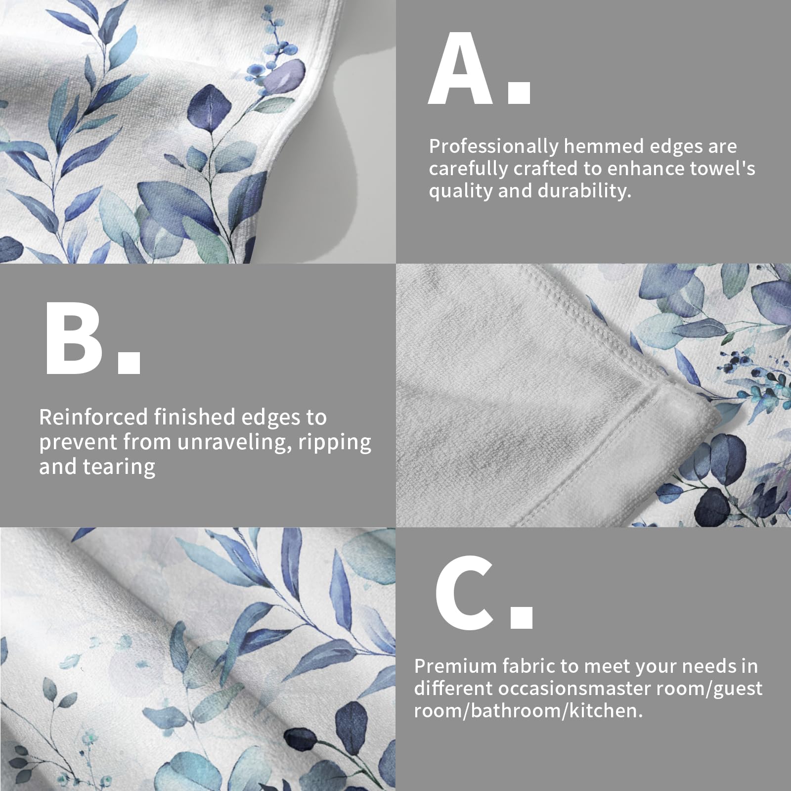 Blue Eucalyptus Leaves Hand Towels Set Of 2, Botanical Leaf Floral Face Towel 28X14 Inch, Quick Dry Super Absorbent Soft Washclo