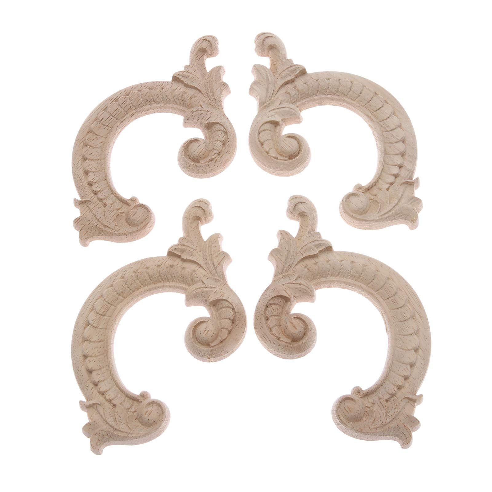 Wood Carved Appliques Wooden Onlays  2 Pairs Unpainted Decorative Carving Furniture Decals Frame Decor for Door Wall Cabinet Dresser Fireplace Ceiling Bed Home DIY Project  14x8cm/5.51''x3.15''
