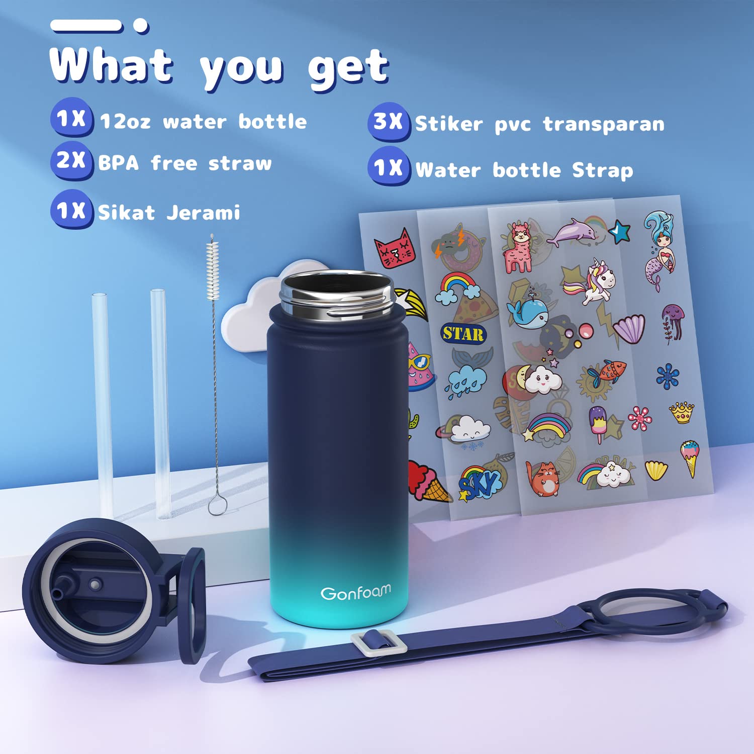 Kids Water Bottle, 12oz Water Bottles Kids with Straw and Stickers, Stainless Steel Vacuum Double Wall Insulated cup, Kids Water
