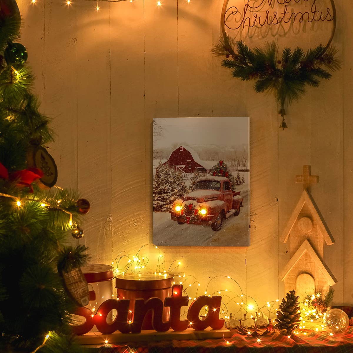NIKKY HOME 16'' x 12'' Christmas LED Lighted Canvas Wall Art Prints Light Up Red Truck Barn House and Christmas Tree Picture Winter Snow Scene for Holiday Decor