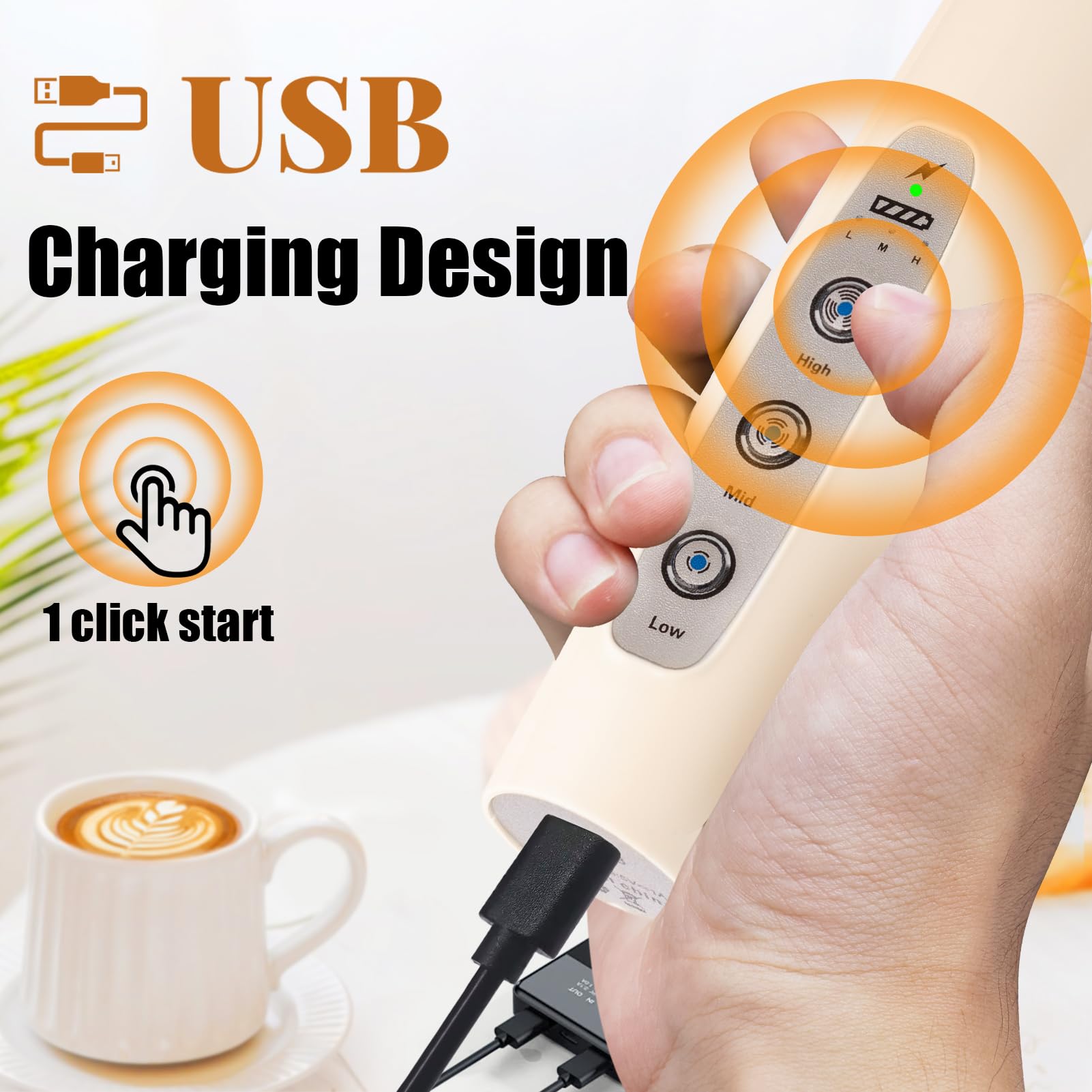 Nahida Beige Milk Frother Wand For Coffee, Frother Handheld With Stand Rechargeable Electric Whisk With 3 Heads 3 Speeds Drink M