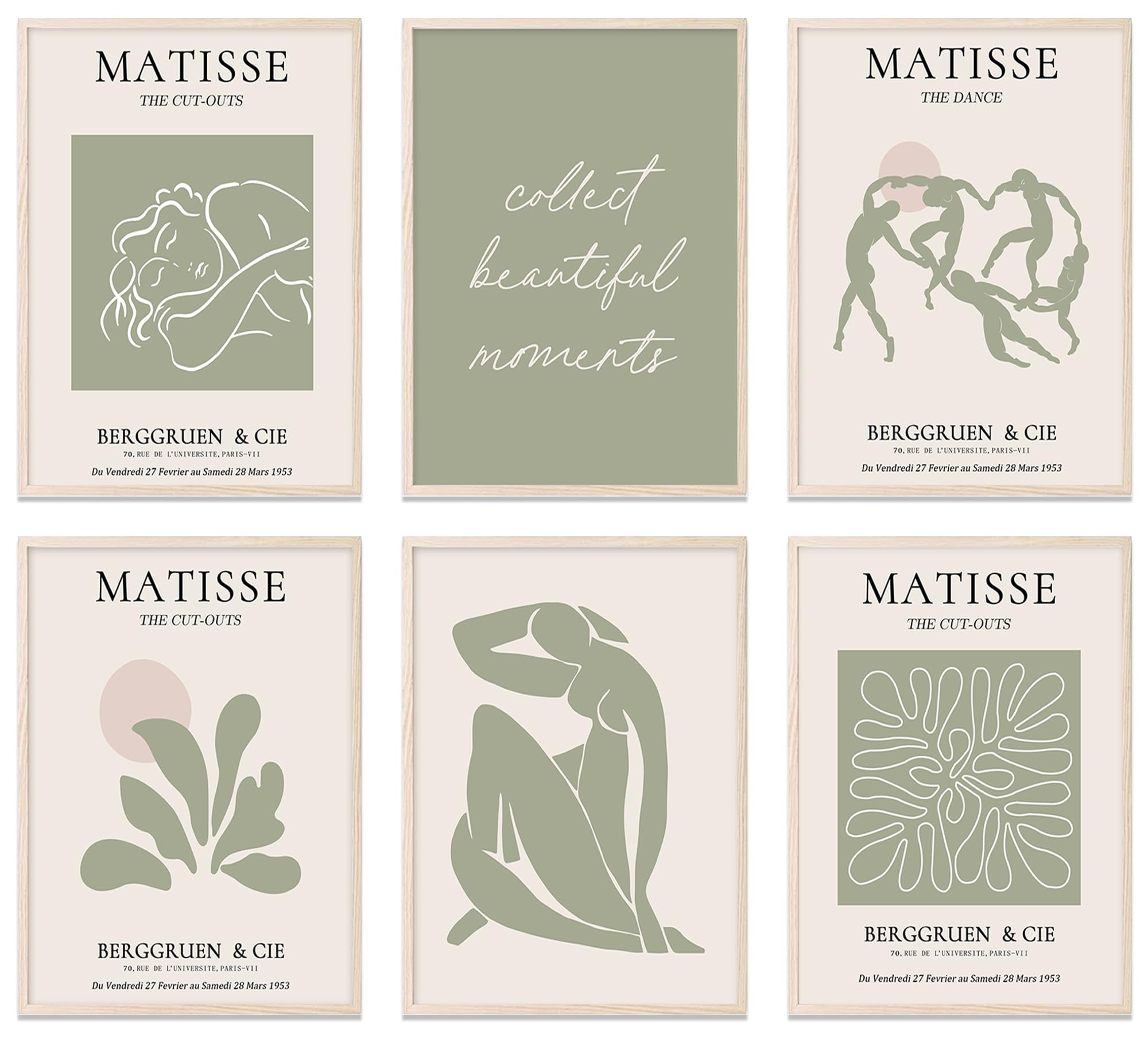Sage Green Matisse Wall Art Prints Posters,6Pcs Abstract Matisse Canvas Wall Art, Minimalist Women'S Body Line Leaf Sage Green B