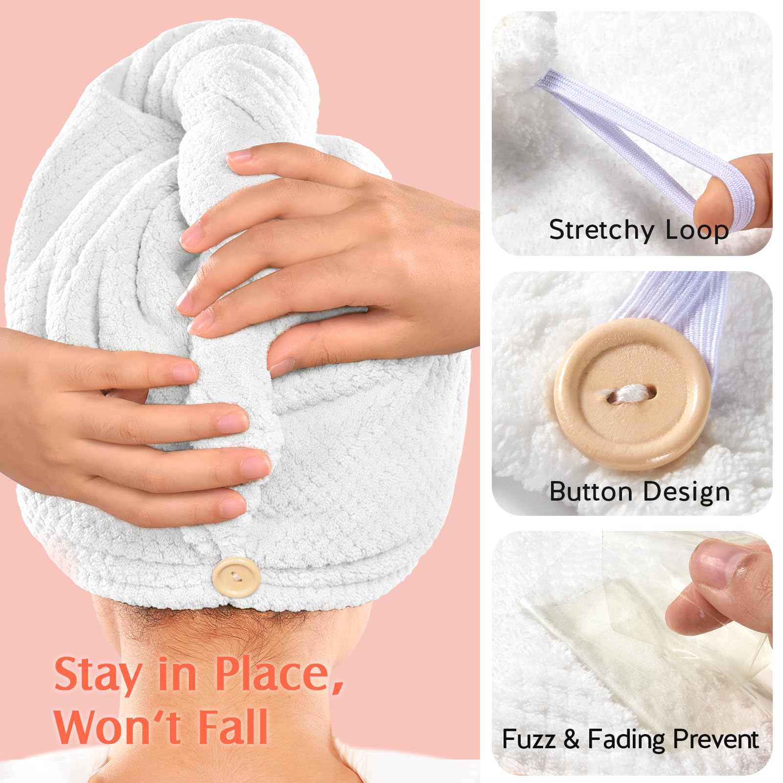 YFONG 2 Pack Large Microfiber Hair Towel Wrap for Women, Thicken Super Absorbent Quick Dry Hair Turban for Drying Curly Long Thi
