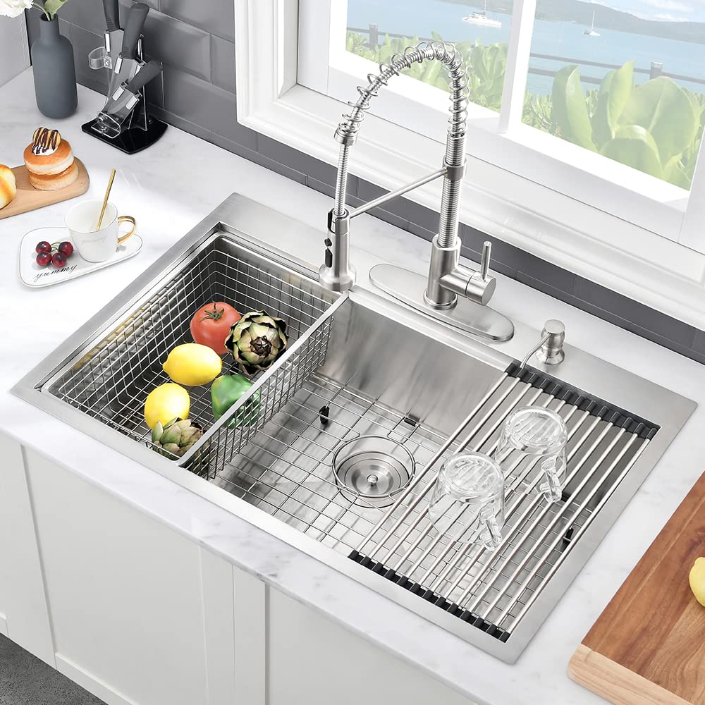 33X19 Drop In Kitchen Sink Workstation-Vasoyo 33 Inch Kitchen Sink Drop In Stainless Steel Deep Kitchen Sink 16 Gauge Worksattio