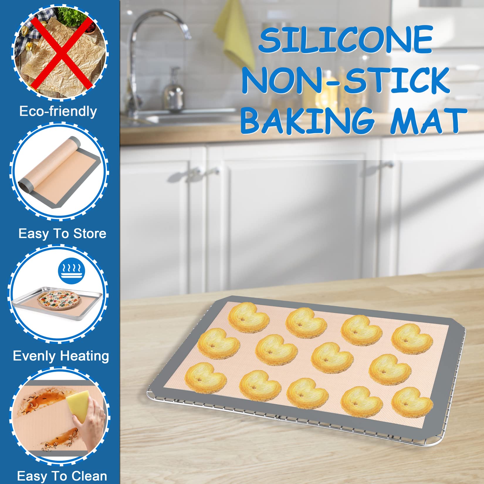 16 Inch Stainless Steel Baking Sheet With Grid Rack And Silicone Baking Mat Set, P&P Chef Baking Pan Tray With Cooling Rack, 3 P