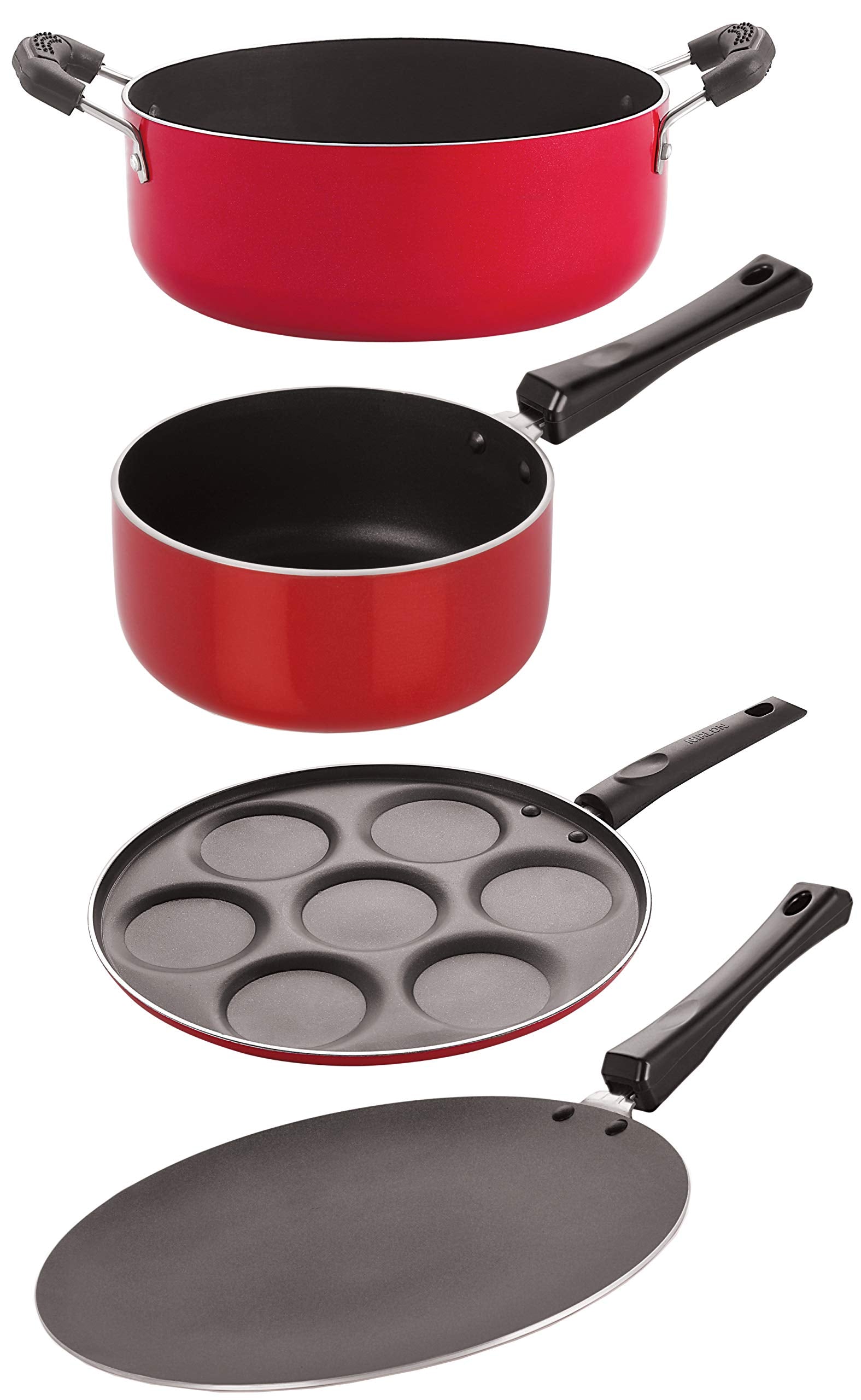 Nirlon NonStick Aluminium Cookware Essential Combo Gift 4 Pieces Set With Bakelite Handle (1 Concave Tawa 27.5Cm /1 Sauce Pan (