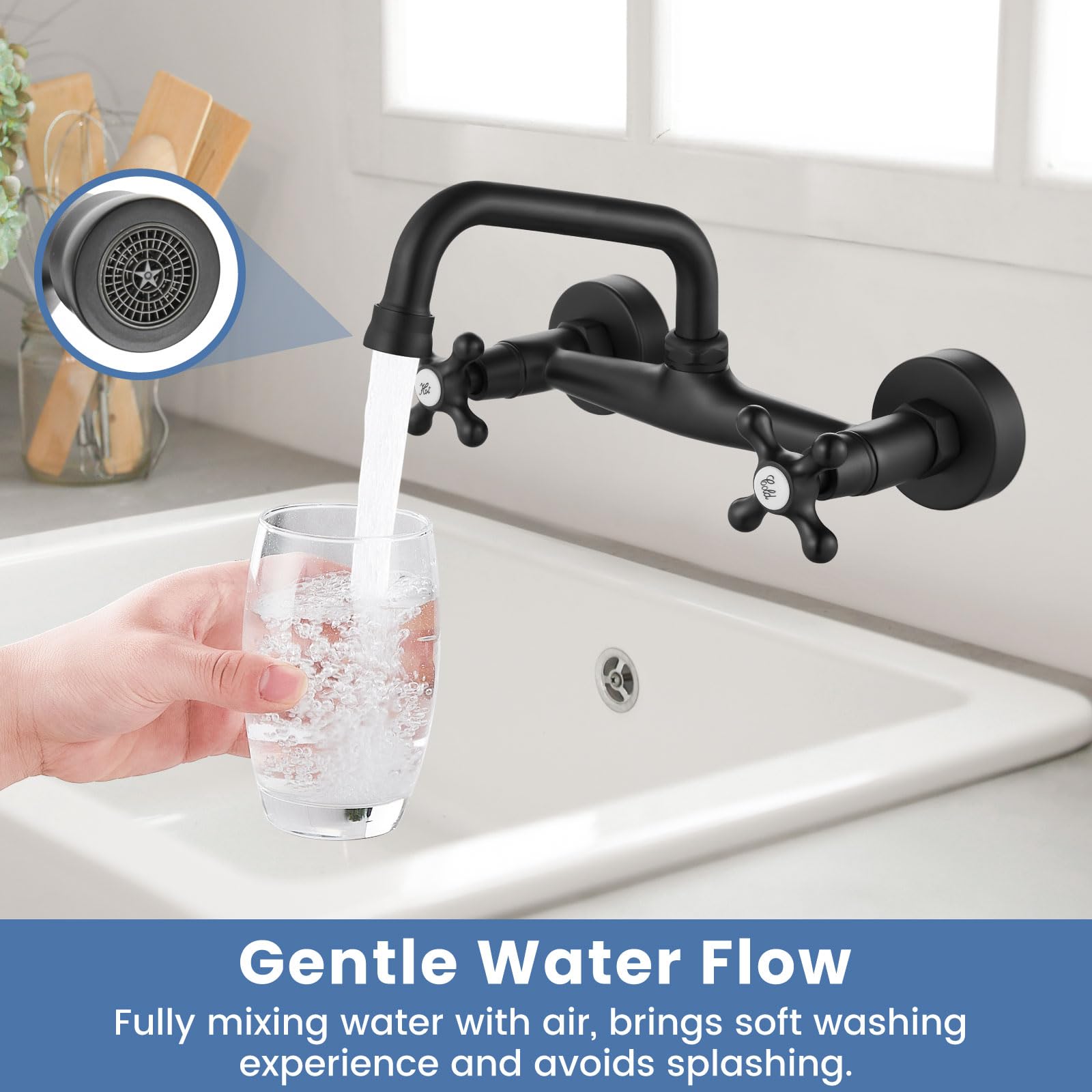 Airuida Wall Mount Kitchen Sink Faucet For 6 Inch(15Cm) Spout Reach 8 Inch Center Adjustable Center Double Cross Handles Hot And