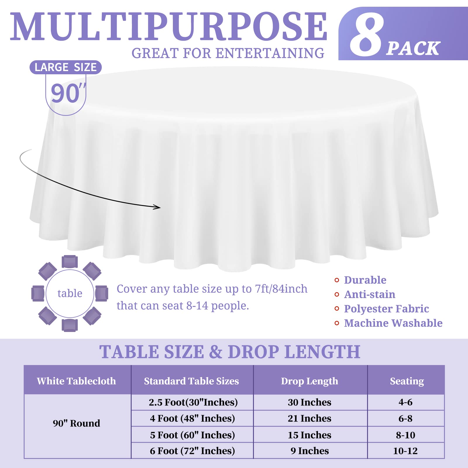 8 Pack White Round Tablecloth 90 Inch Round Table Cloths Washable Polyester Tablecloths For Round Tables Wrinkle Resistant Table